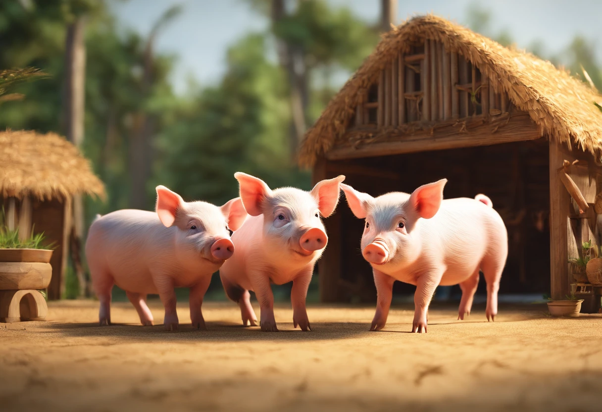 Piglets stand on two legs in front of a straw hut.