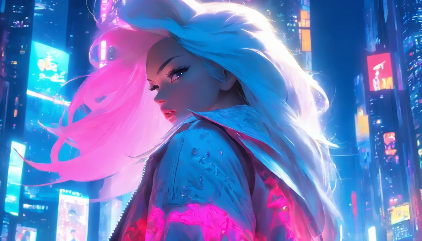 Masterpiece, Highest quality, (solofocus), (Perfect face:1.1), (High detail:1.1),Dramatic, 1人, (Pale skin), Long Black hair, Pink eyes, [Light eyebrows], Solo, Long hair, Moon, Night, denim luxury jacket, covered navel, pouty lips, Covered, Futuristic city, Detailed background, Art by Artgerm and Greg Rutkowski, Cinematic lighting, rosette, Fashion, BalenciagaStyle