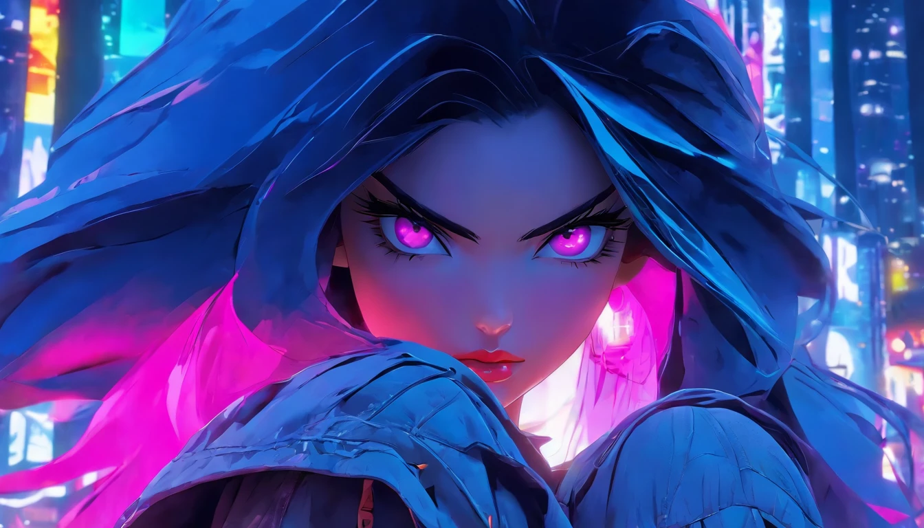Masterpiece, Highest quality, (solofocus), (Perfect face:1.1), (High detail:1.1),Dramatic, 1人, (Pale skin), Long Black hair, Pink eyes, [Light eyebrows], Solo, Long hair, Moon, Night, denim luxury jacket, covered navel, pouty lips, Covered, Futuristic city, Detailed background, Art by Artgerm and Greg Rutkowski, Cinematic lighting, rosette, Fashion, BalenciagaStyle