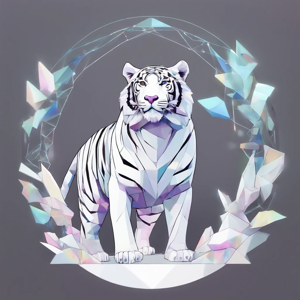 Perfect alignment,White tiger 、creatures、Crystal style, 发光, Standing position, Abstract beauty, Centered, Looking at the camera, Facing the camera, flawless、Dynamic、 Highly detailed, sleeoing, 8K High Resolution, Illustration,, White background、Geometric art、Tints like stained glass、Colorful ores and spine-like crystals grow from behind、Lineart-ish