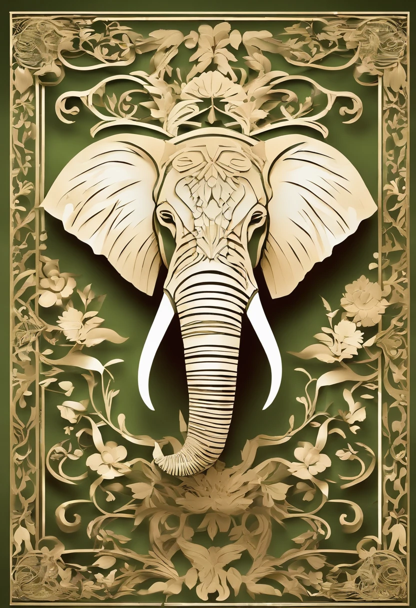 (papercut), majestic elephant,beautiful tusks,giant body,strong muscles,curved trunk,noble presence,serene eyes,graceful movements,lush green savannah,sunset silhouette,soft golden light,vibrant colors,photorealistic painting,impressive size,powerful aura,masterpiece, ((symmetrical))