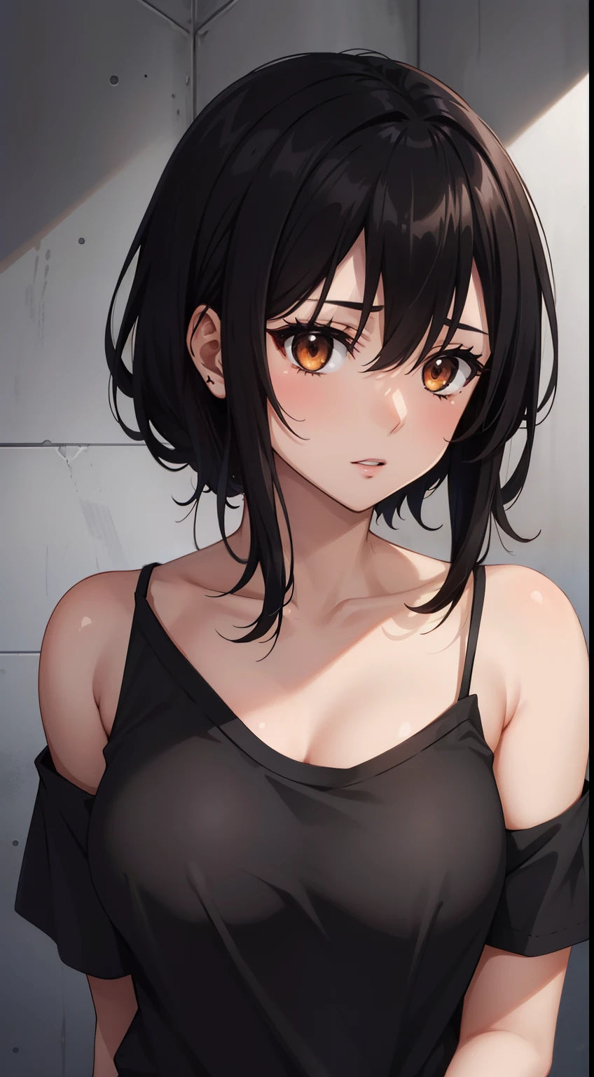 masterpiece, best quality, 1 girl, himeragi yukina, brown eyes, black hair, hair between eyes, medium hair, medium breasts, (healthy skin), ((prison, blood)), bare shoulders, ((upper body)), (((black clothes)))
