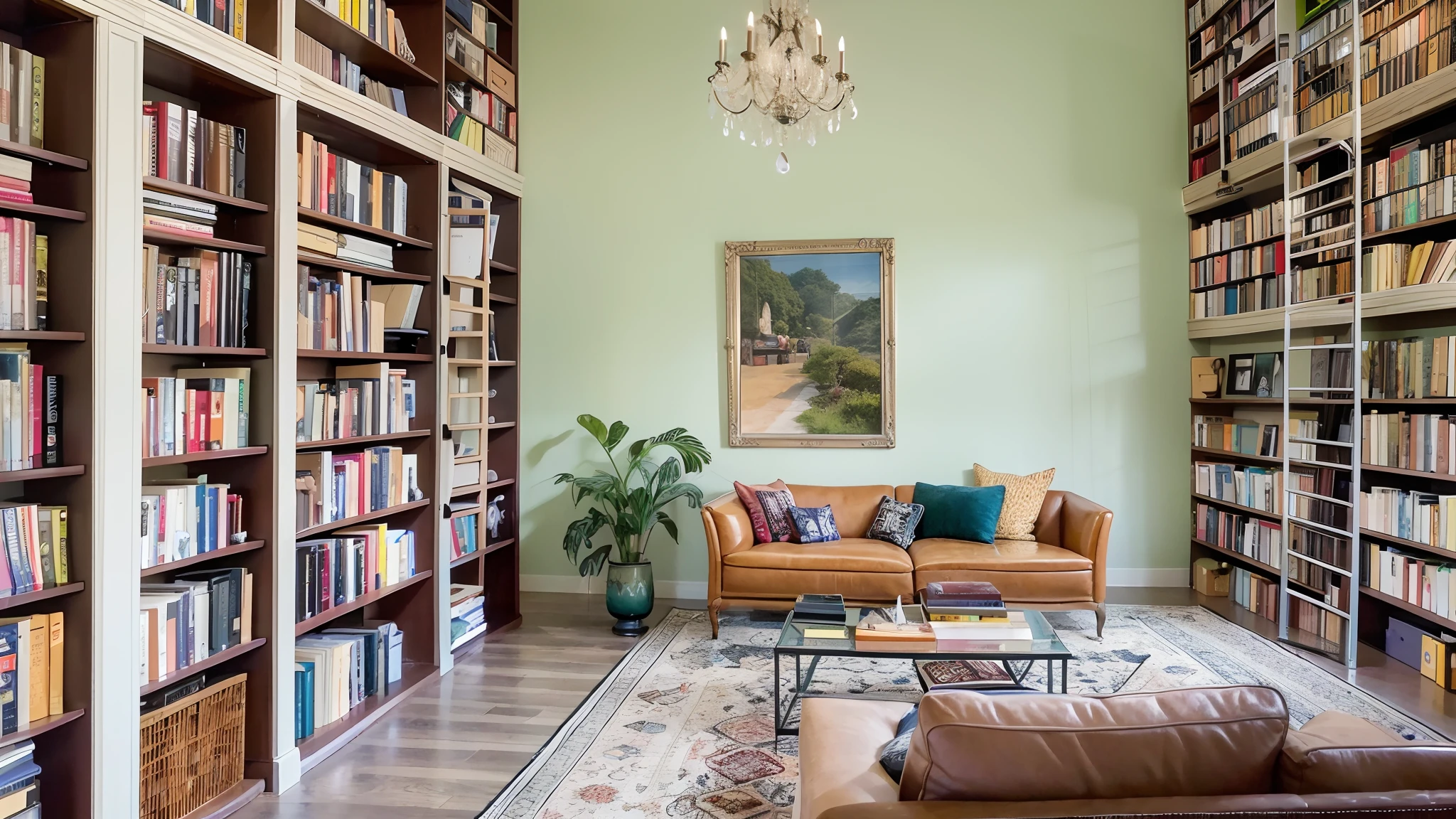 There is a sofa and a bookshelf in the living room, wall to wall bookcases, bookshelves, bookshelves, bookshelf, books all over the place, book shelf small library, small library, high ceiling, bookshelves, Book case, very tall ceilings, tall ceilings, living room interior, high ceiling, shelves, low ceiling, high ceiling