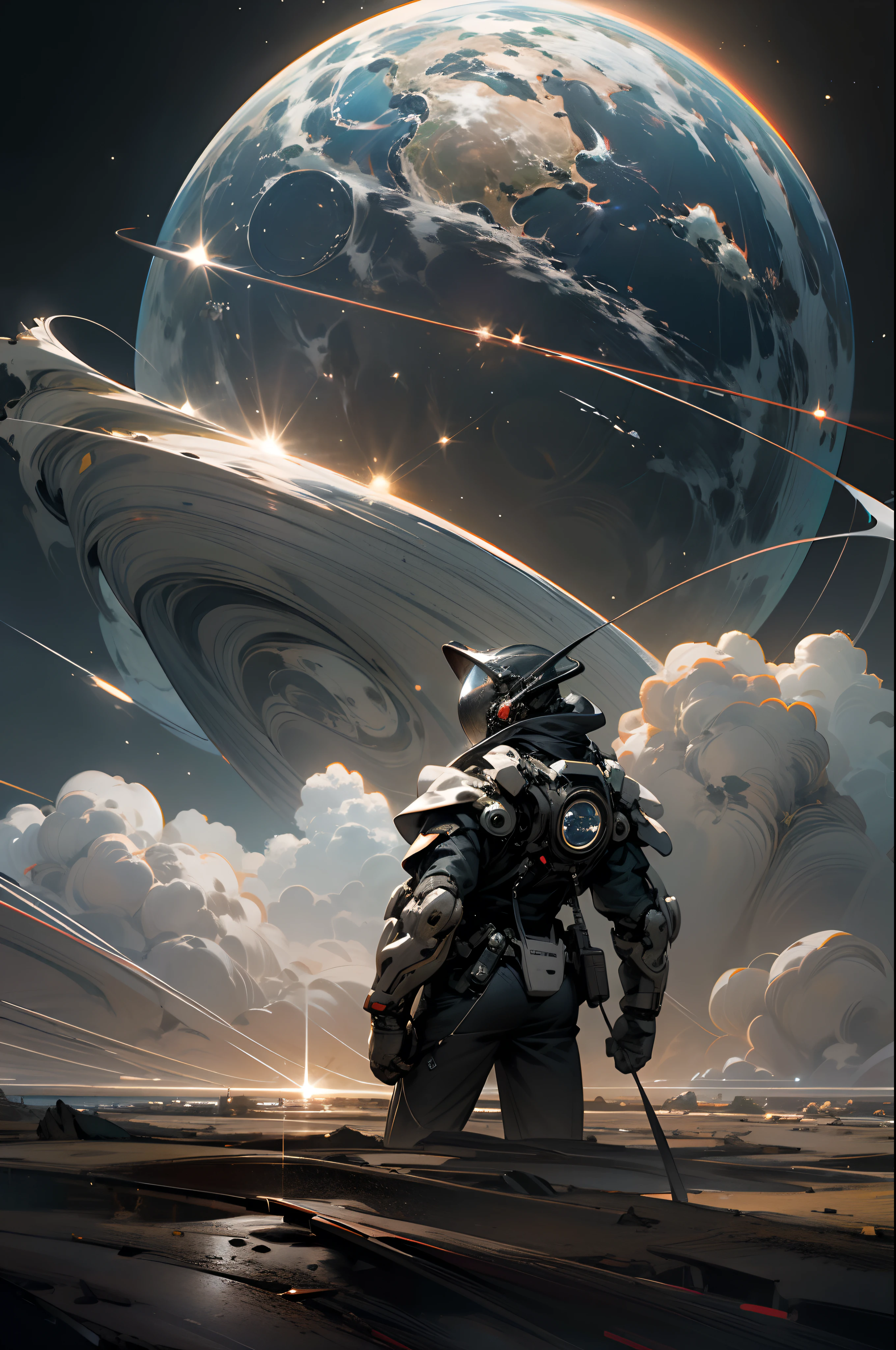 Ultra-detailed, concept-art, Ultra-wide angle of view, Cinematic, Outer space view, The whole earth in the distance,Full stereoscopic front and rear,Earth scale 1:20, Hyper-realistic, Premium texture,The background is an all-black universe