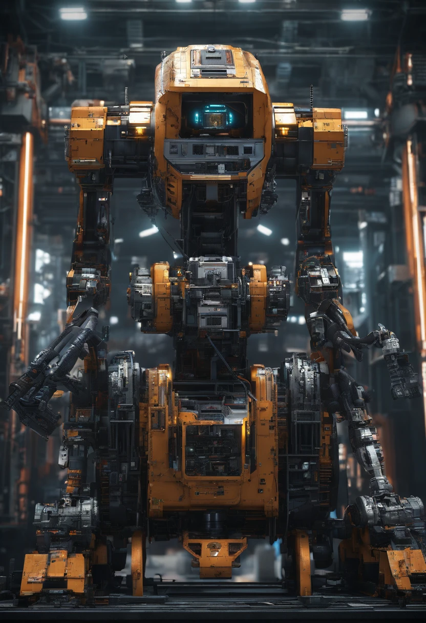 masterpiece,extreme detailed,top quality,cutaway view,(Giant male mecha in assembly:1.2),(cockpit:1.2),(full face mask:1.2),Factory,Assembly platform,scaling ladder,huge Power core,many Pipelines,many Wires,Interface,Machinery,ultra wide shot,realistic , science fiction, front view, Sense of technology, C4D, Oc renderer, unreal engine, high detail, industrial design, 8k HD, studio light, retro ,look like wall-E and R2D2