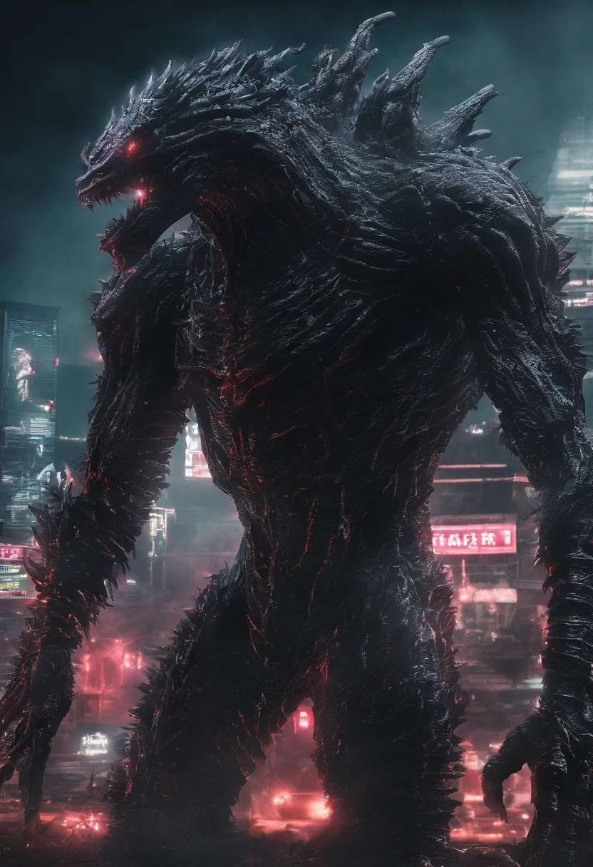 ４ｋ、Super Resolution、Aerial view of a small Japanese town at night、A gigantic skeletal monster with no lower body、Distinct bones、Red eyes、Shallow depth of field, Vignette, Very detailed, High budget, Bokeh, CinemaScope, Sulky, amazing, nice, Film Grain, granular . Creepy, Anxious, dark, Creepyな, Suspenseful, strict, Very detailed