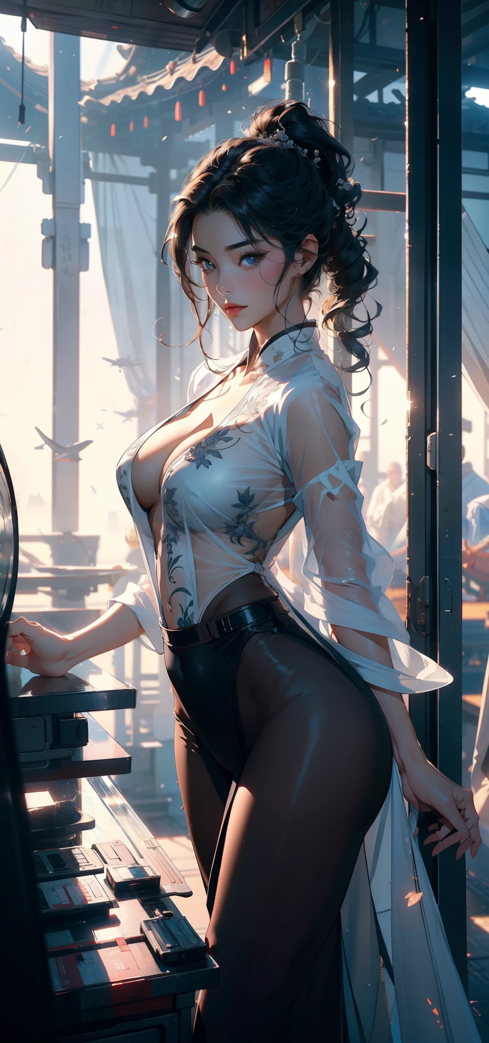 1female,41 years old,熟妇,A MILF,mature,plumw,extremely large bosom ,Pornographic exposure, 独奏,(Background with:aerodrome,Planes,the rainforest,in summer) She has short black hair,bobo head,Workstations within the aircraft,standing on your feet,seen from the front, hair straight, mostly cloudy sky,(((tmasterpiece),(Very detailed CG unity 8K wallpaper),best qualtiy,cinmatic lighting,detailed back ground,beatiful detailed eyes,Bright pupils,(Very fine and beautiful),(Beautiful and detailed eye description),ultra - detailed,tmasterpiece,)),facing at camera,A high resolution,ultra - detailed),revealing breasts,Bare genitalia, Bulge,legs are open,Raised sexy,Camel toes,Flushed complexion,Open-mouthed,frontage,Chinese flight attendant,(Wearing:Transparent sexy flight attendant uniform,Sex skirts,Bare genitalia)The upper part of the body