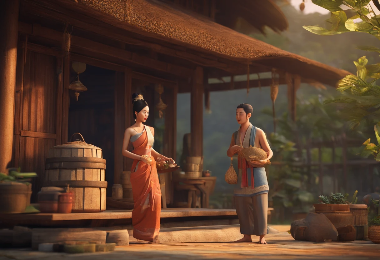 Young Farmer and Wife, Ancient Thai, Antique wooden house, Slavery suit, lamp