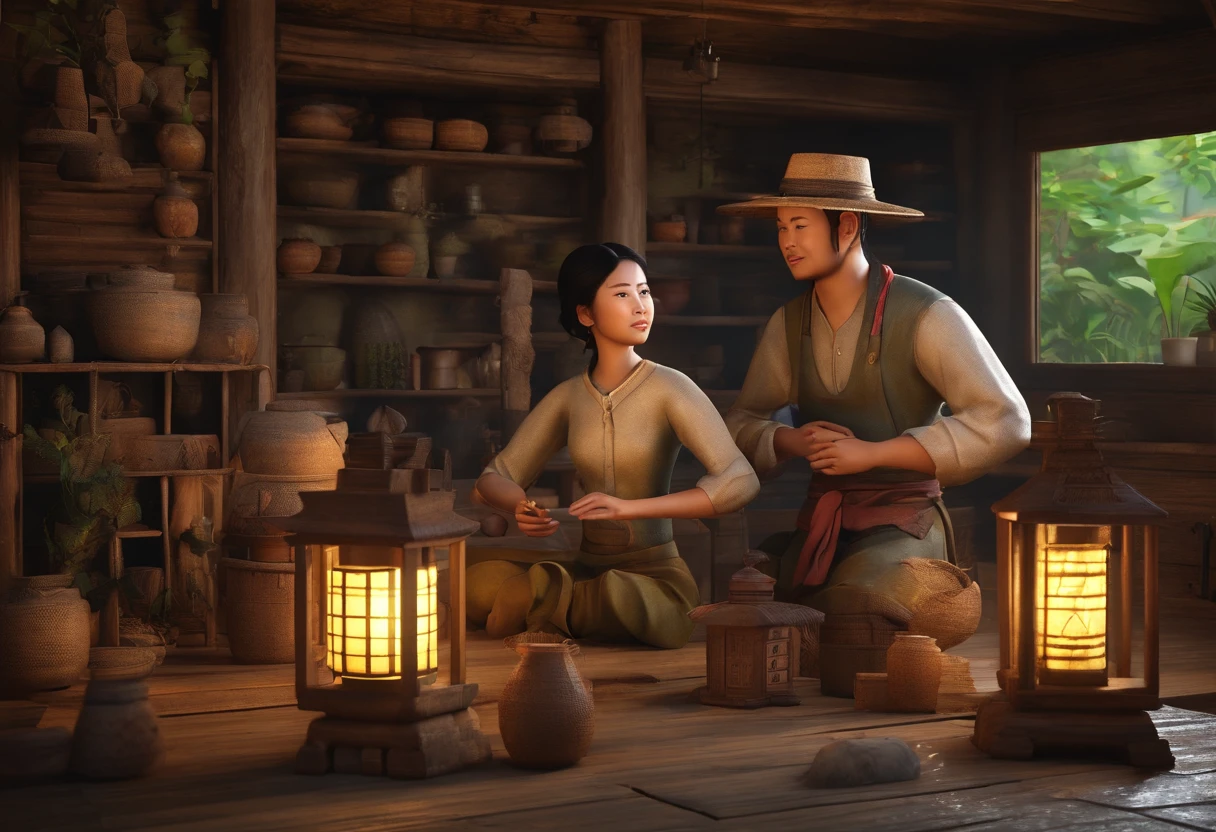 Young Farmer and Wife, Ancient Thai, Antique wooden house, Slavery suit, lamp