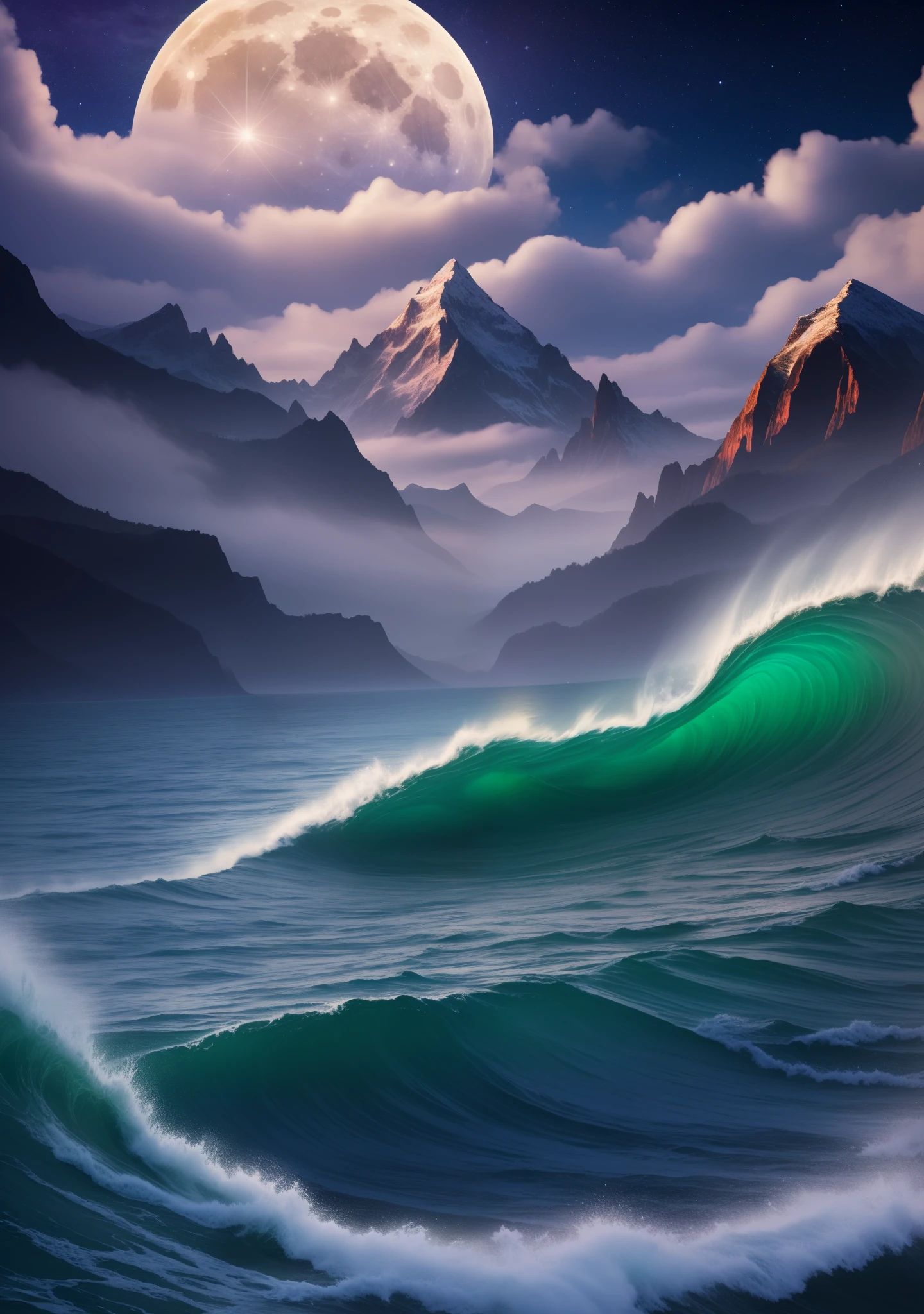 magical sparkling night universe scene, water waves and mountains stretching on both sides, bright full moon, 4k 4k image quality, high definition, deep image, --auto --s2