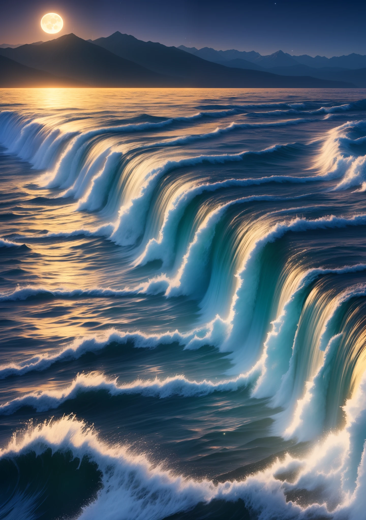 magical sparkling night universe scene, water waves and mountains stretching on both sides, bright full moon, 4k 4k image quality, high definition, deep image, 16:9, 16:9 ratio. --auto --s2