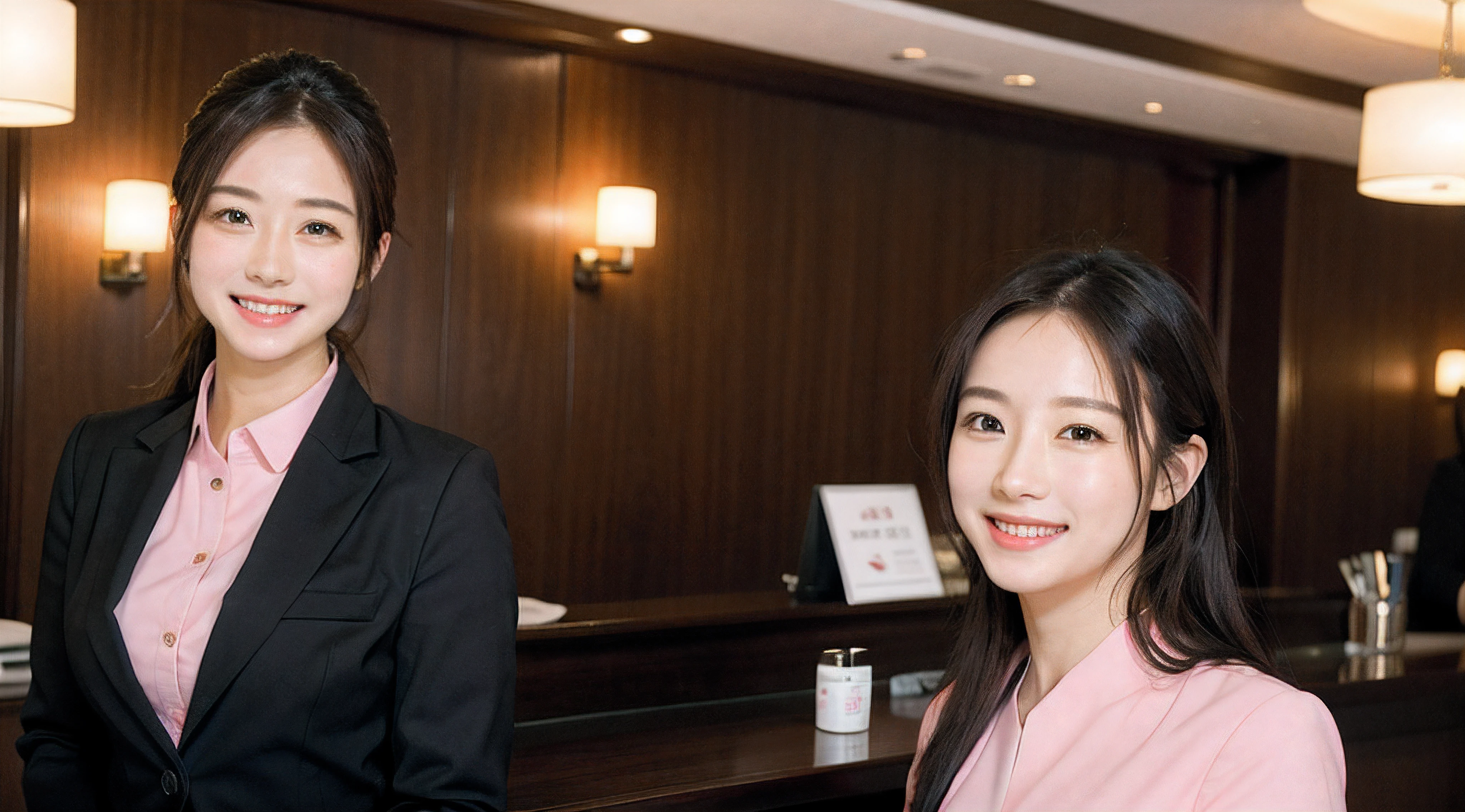 Hotel reception、face forcus、Female front desk staff,Black jacket、Pink Button Shirt、a picture、A detailed face、Detailed lips、A detailed eye、a smile