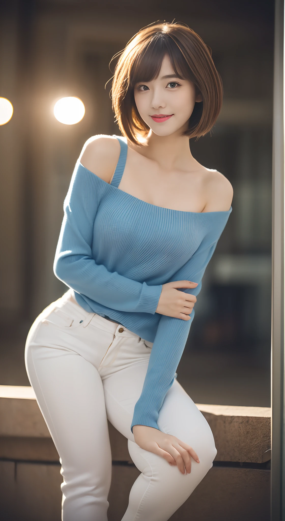1 very beautiful woman, 25 age old, Solo, Best quality, Photorealistic, tmasterpiece, 8K high-definition, A high resolution, Extremely detailed face, (Professional lighting,Bokeh),(light particules,lens flare glow,Luminous Particle:0.6),gentlesoftlighting,Trendy atmosphere,jpn,the street,Stylish short hair,bobo head, A brown-haired, Hair is delicate and soft,Fluttering, cparted lips, lipsticks, Seductive smile, ssmile, Open-mouthed, teeth, Swan neck,Shave your shoulders, Bigchest,(Golden ratio figure),Wear a blue skinny sweater, (Wash blue)(skintight jeans),(detailed outfits:1.5), 二重まぶた,long eyelasher, birthmark, (Moles under eyes: 1), The calves are well-proportioned, slenderness:1.2,A pair of jade feet are white and shiny,without wearing shoes:1.5,( Coquettish sex,Coquettish and beautiful pose,The posture is diverse),Female-centered focus photography,The waist is the focus,close focus,shooting full body:1.8,fully body photo:1.8