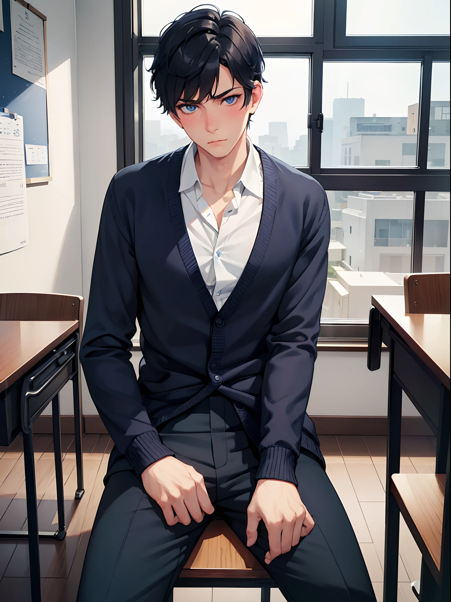 1 male, navy blue short hair, dark blue eyes, wear male high school uniform, wear navy blue cardigan, long black pants, pouting, blushing, gentle, soft, sit on the chair, near window, looking at viewer, handsome, indoors, Classroom background (masterpiece, best quality, beautiful detailed eyes, detailed face)