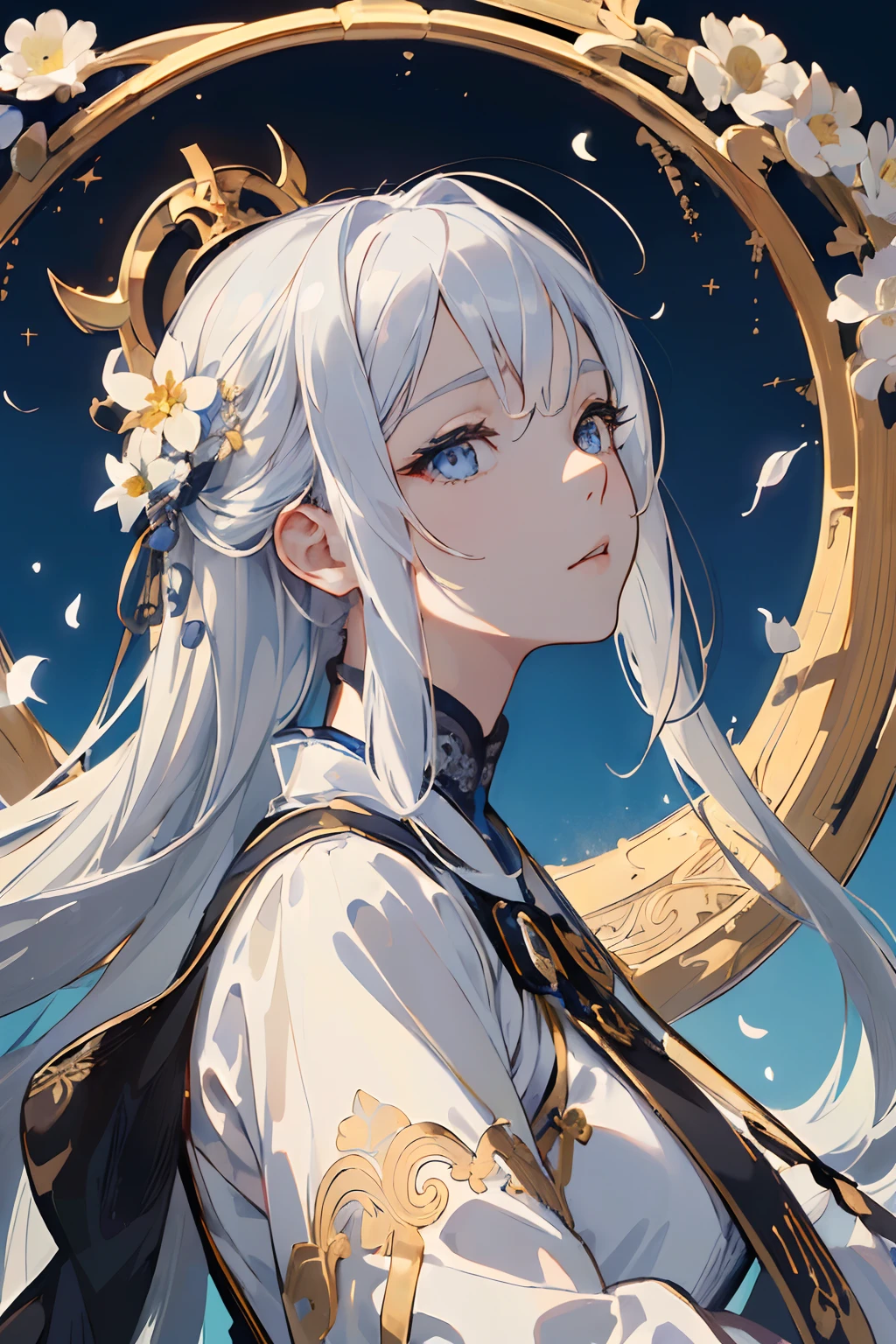 (masuter piece, Best Quality, hight resolution:1.4), European girl,portlate,Eyes of Gold,Blue-white hair,Floating hair,Delicate and flexible eyes,intricate damask hanfu,Luxury Accessories,Architecture of medieval Europe,flower petals flying,Frontal portrait shot,Sunlight