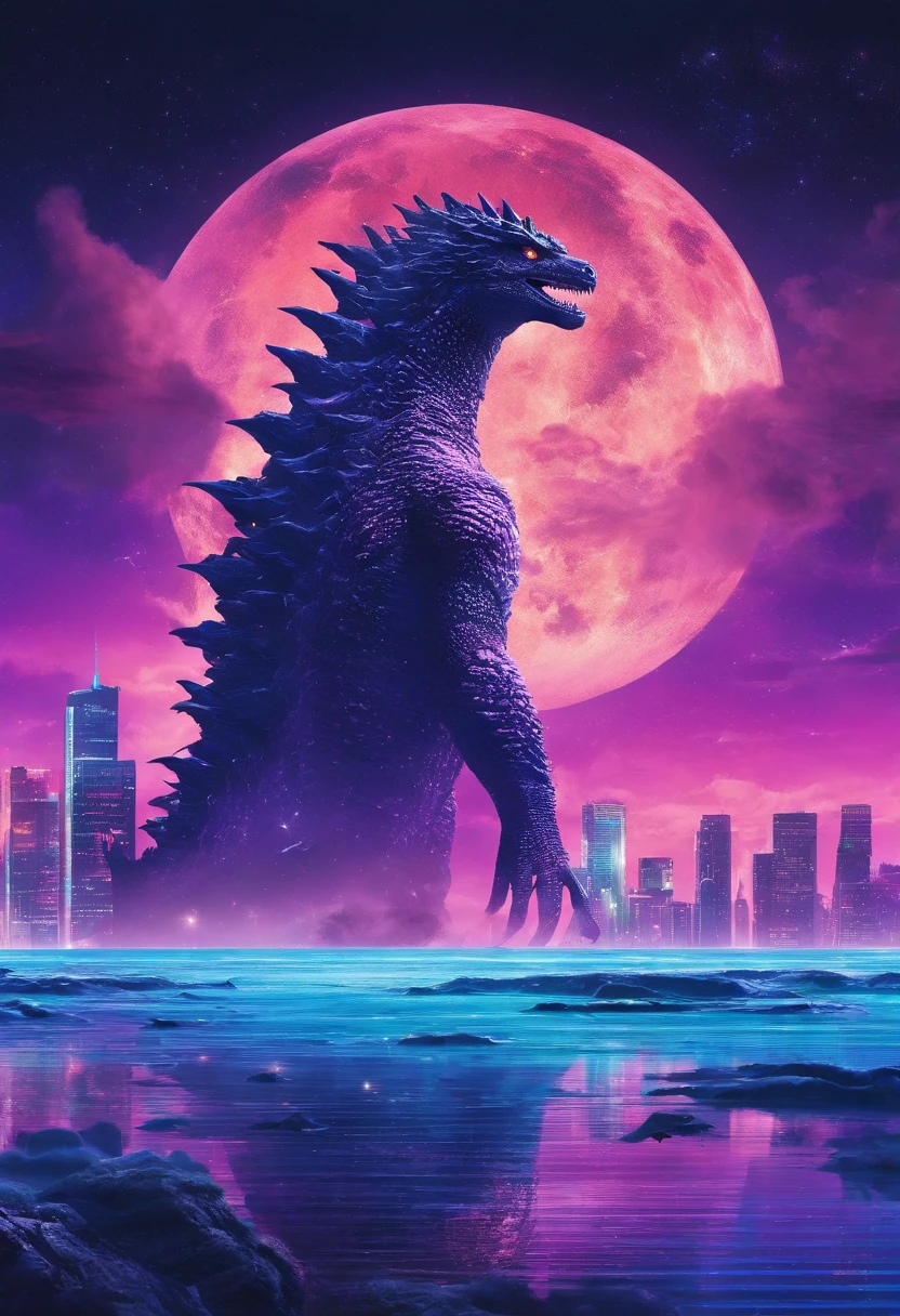 Godzilla , the ocean,The background is a futuristic city, scifi style, blue and violet, brightly, Sky background at night,There are many stars and a moon that splits in two. Ultra photo realsisim