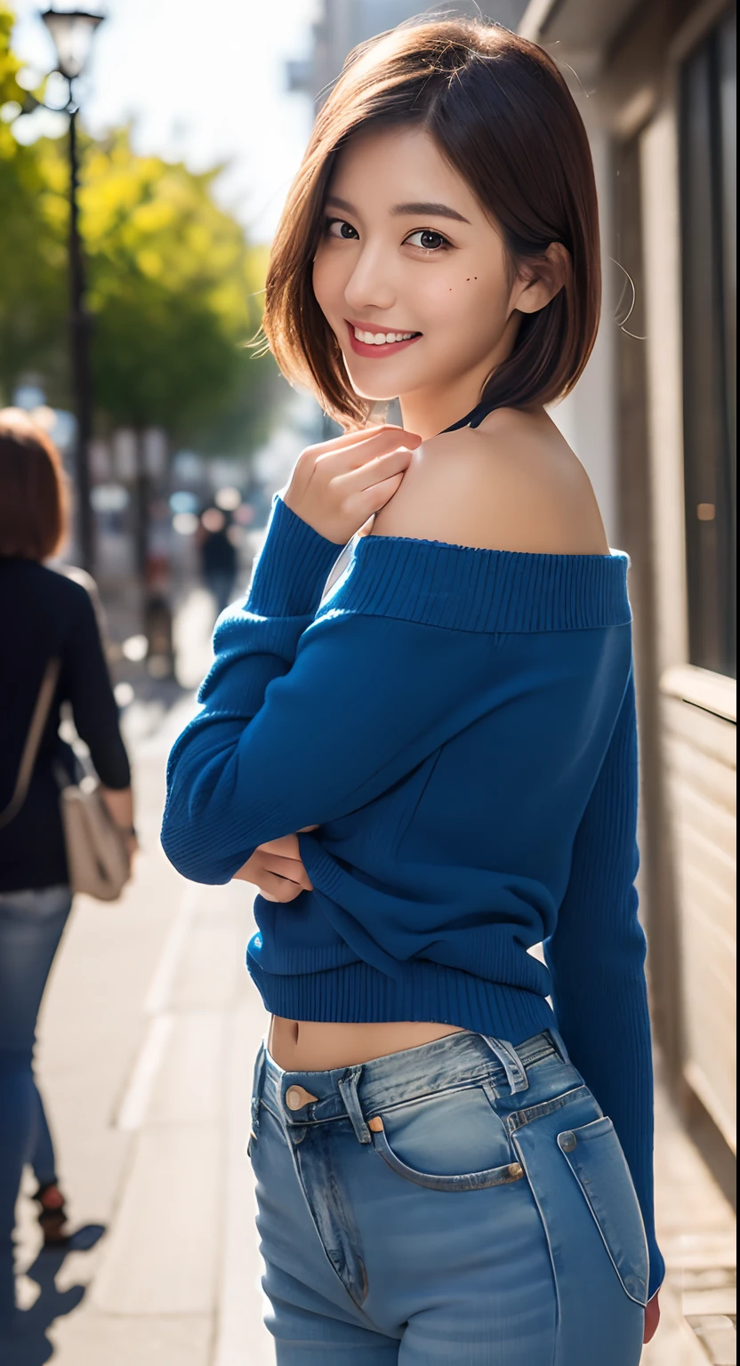 ((large loose white sweater))、(((Dark blue wool panties)))、((1人))、(((Sugamo shopping street)))、((Glamour))、(((Beautuful Women)))、((Doing sexy poses))、((A slight smil))、Photorealsitic、Beautiful detailed eyes、Hyper-Realism、highcontrast、Ultra HD、realistic skin textures、Top image quality、top-quality、超A high resolution、Fine details、Very meticulously