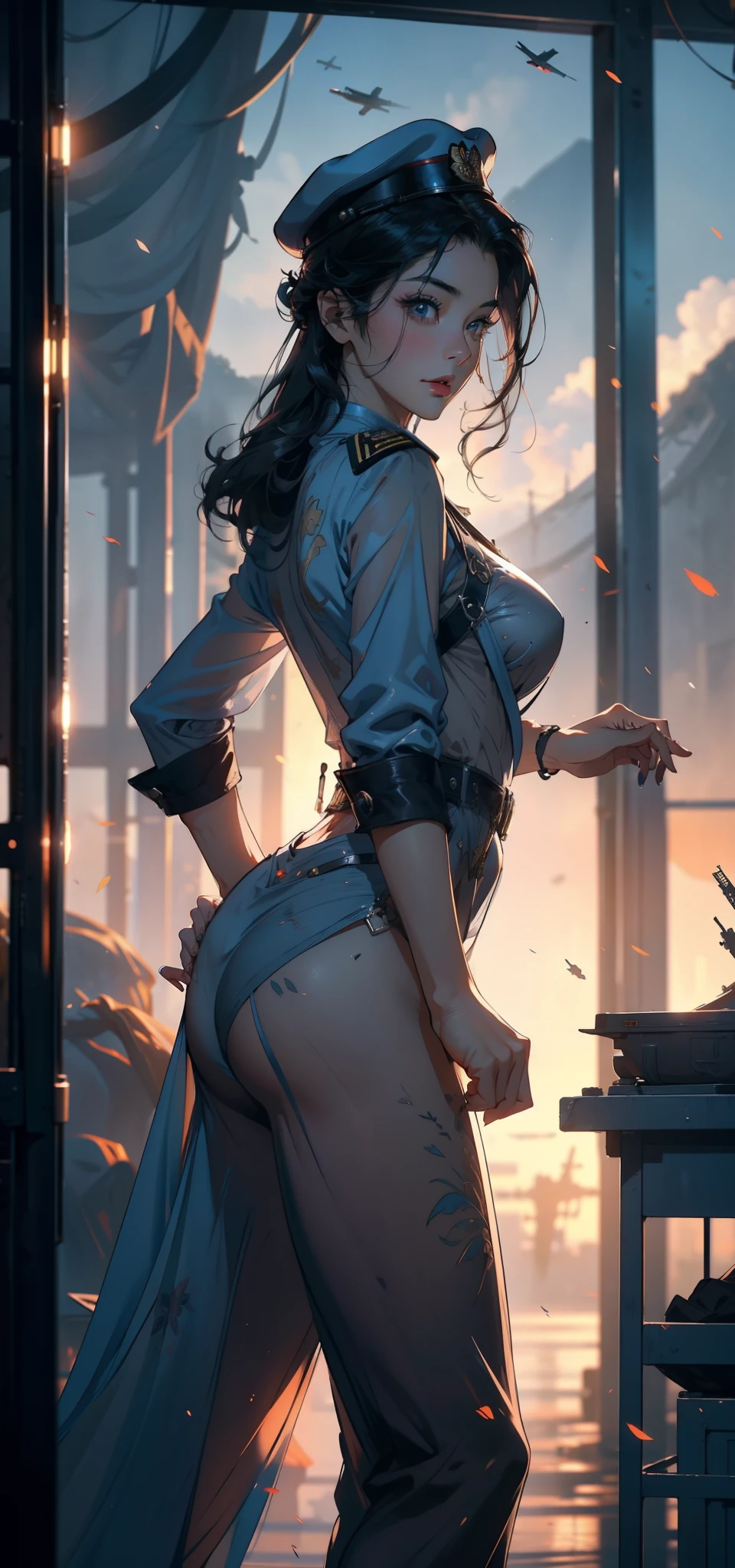 1female,41 years old,熟妇,A MILF,mature,plumw,extremely large bosom ,Pornographic exposure, 独奏,(Background with:aerodrome,Planes,the rainforest,in summer) She has short black hair,bobo head,Workstations within the aircraft,standing on your feet,seen from the front, hair straight, mostly cloudy sky,(((tmasterpiece),(Very detailed CG unity 8K wallpaper),best qualtiy,cinmatic lighting,detailed back ground,beatiful detailed eyes,Bright pupils,(Very fine and beautiful),(Beautiful and detailed eye description),ultra - detailed,tmasterpiece,)),facing at camera,A high resolution,ultra - detailed),revealing breasts,Bare genitalia, Bulge,legs are open,Raised sexy,Camel toes,Flushed complexion,Open-mouthed,frontage,Soviet Air Force,Aviator,Officer's cap,(Wearing:Transparent sexy officer uniform,Black jumpsuits)The upper part of the body
