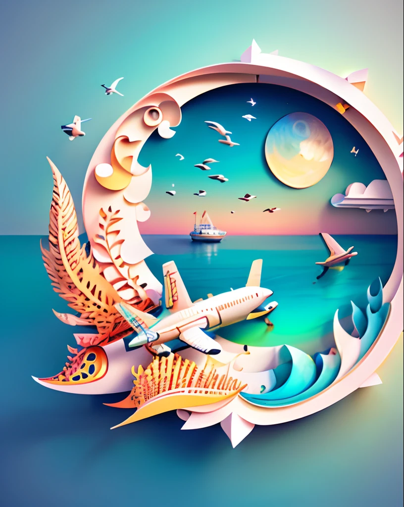 "SeaArt" title using artistic font, realistic, airplane, Softlight,(warm color:1.2),Water color painting,light background,best quality exquisite details,3d rendering,Octane render,pastel, Moon, river, storm, ultra high quality,(paper_cut:1.15) (:nature:) (hopeful feeling)