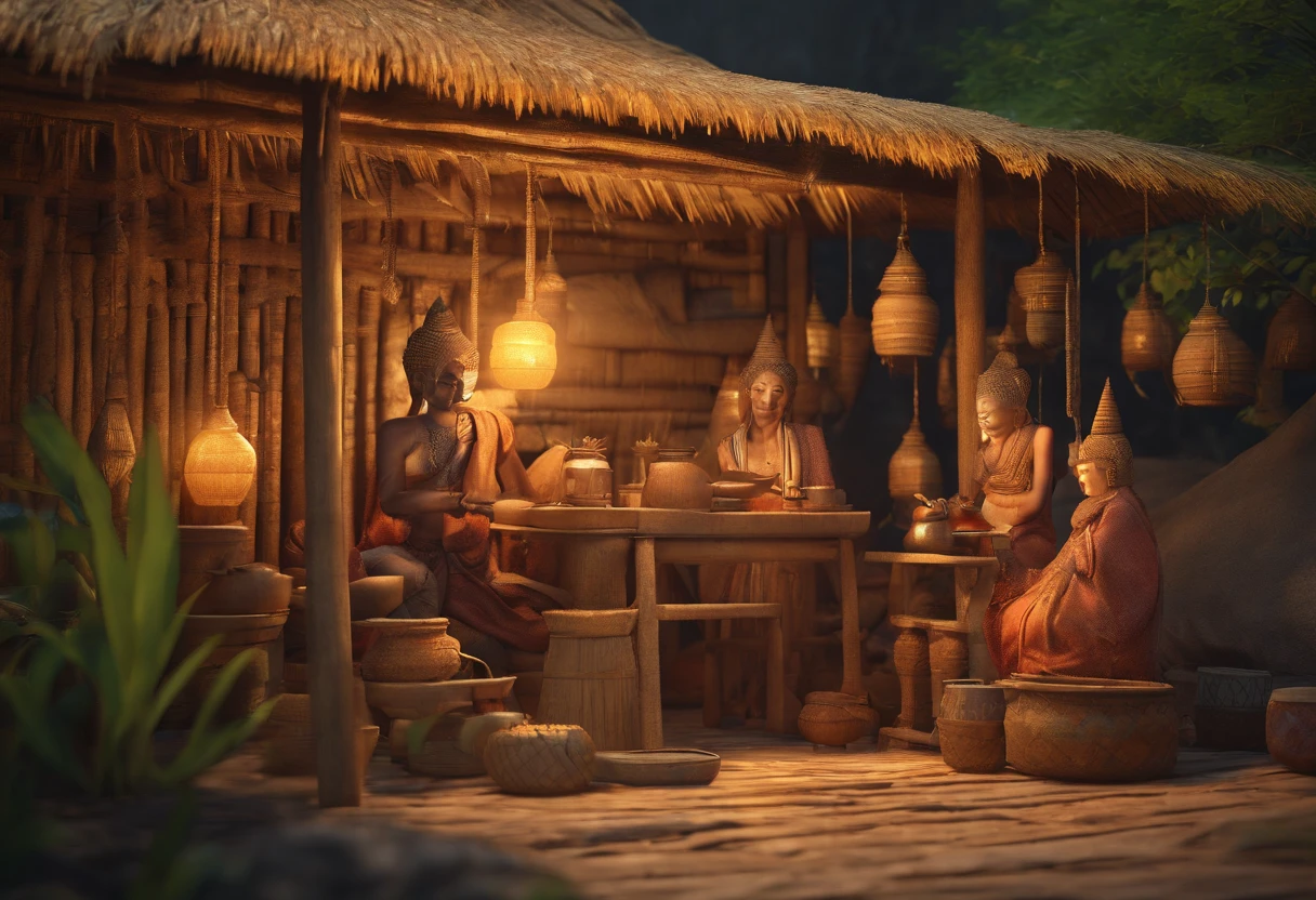 Poor young man and wife, Ancient Thai, Ancient straw huts, Slavery suit, Antique lamps