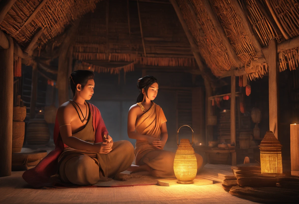 Poor young man and wife, Ancient Thai, Ancient straw huts, Slavery suit, Antique lamps