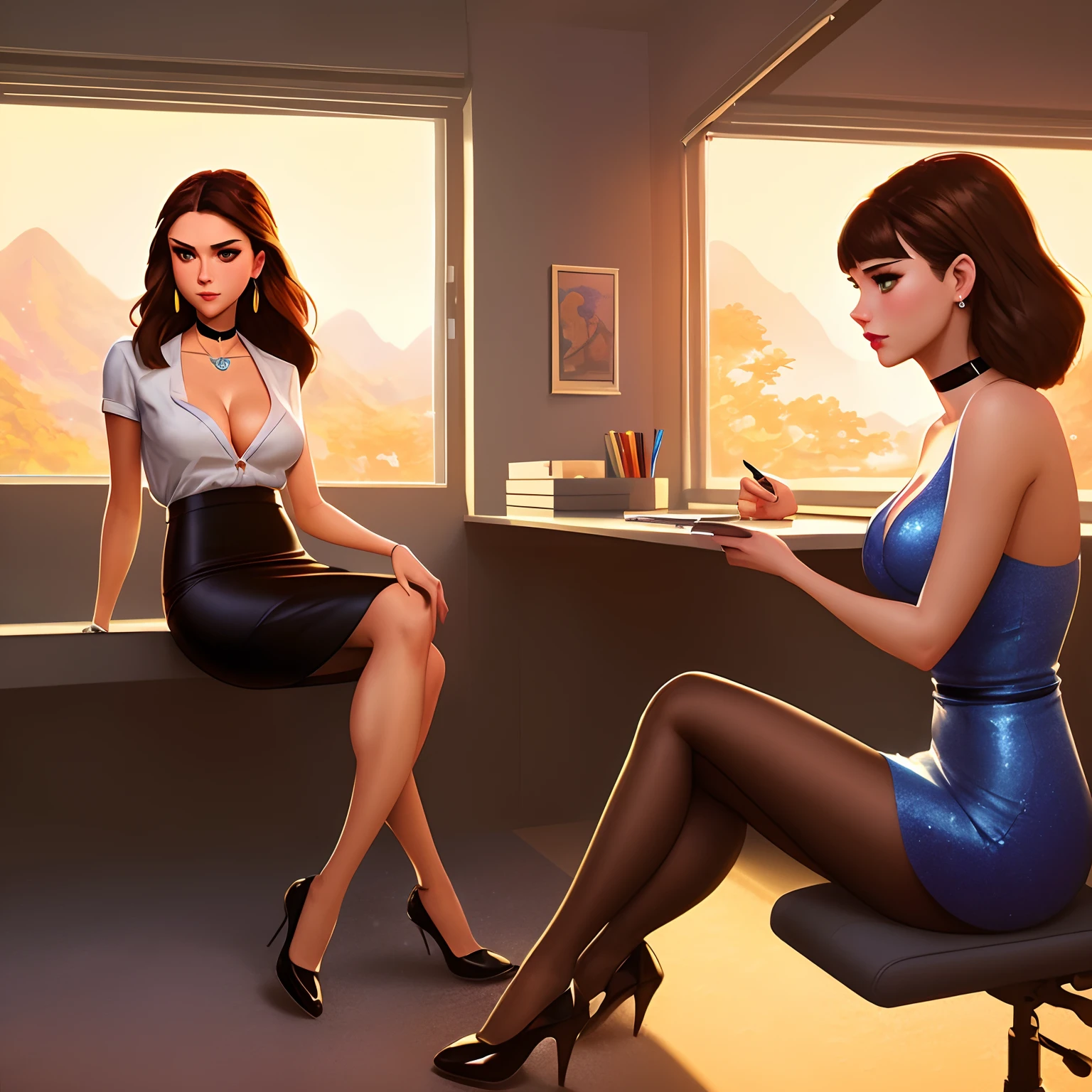 Nina Dobrev,soft lighting, beautiful detailed sunlight, reflections, office ,cubicle,late at night,late, 1girl, solo focus, from below, foreshortening, sitting, crossed legs, office lady, black pencil skirt, pantyhose, thigh, ass, shoes, Cyan shirt, shirt tucked in, petite, femdom, nihongami, beautiful eyes, detailed eyes,expressive eyes, smug, smirk, evil smile, perfect hands, cleavage, [tiny breast],narrow waist,hips, ([colors explosion colorful dust particles::0.2]:1.4), light brown hair, subsurface skin scattering, shiny skin,3d,vax,plastic, choker, earrings, eyelashes, eyeshadow, lips, lipstick, jewelry, makeup, nose, parted lips,masterpiece, best quality, highest quality, extremely detailed CG unity 8k wallpaper, focused, 8k wallpaper, 4k wallpaper, extremely detailed, ultra realistic, photorealistic, sharp focus, absurdres, (HDR:1.5), instagram, high contrast, photograph, insanely detailed and intricate. ((Greg Rutkowski)), Artgerm, Satori Komeiji, Jeremy Lipking, Antonio J. Manzanedo, Wenjun Lin, Range Murata, Ilya Kuvshinov, studio_ghibli_anime_style style, copeseethemald style
