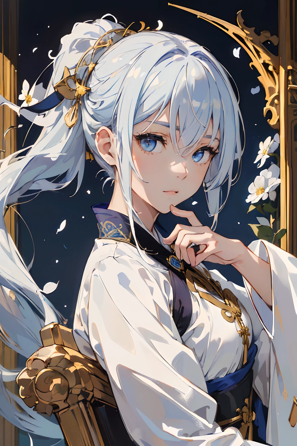 (masuter piece, Best Quality, hight resolution:1.4), European Girl,portlate,Eyes of Gold,Blue-white hair,Floating hair,Delicate and flexible eyes,intricate damask hanfu,Luxury accessories,Architecture of medieval Europe,flower petals flying,Frontal portrait shot,Sunlight,Dagger decoration