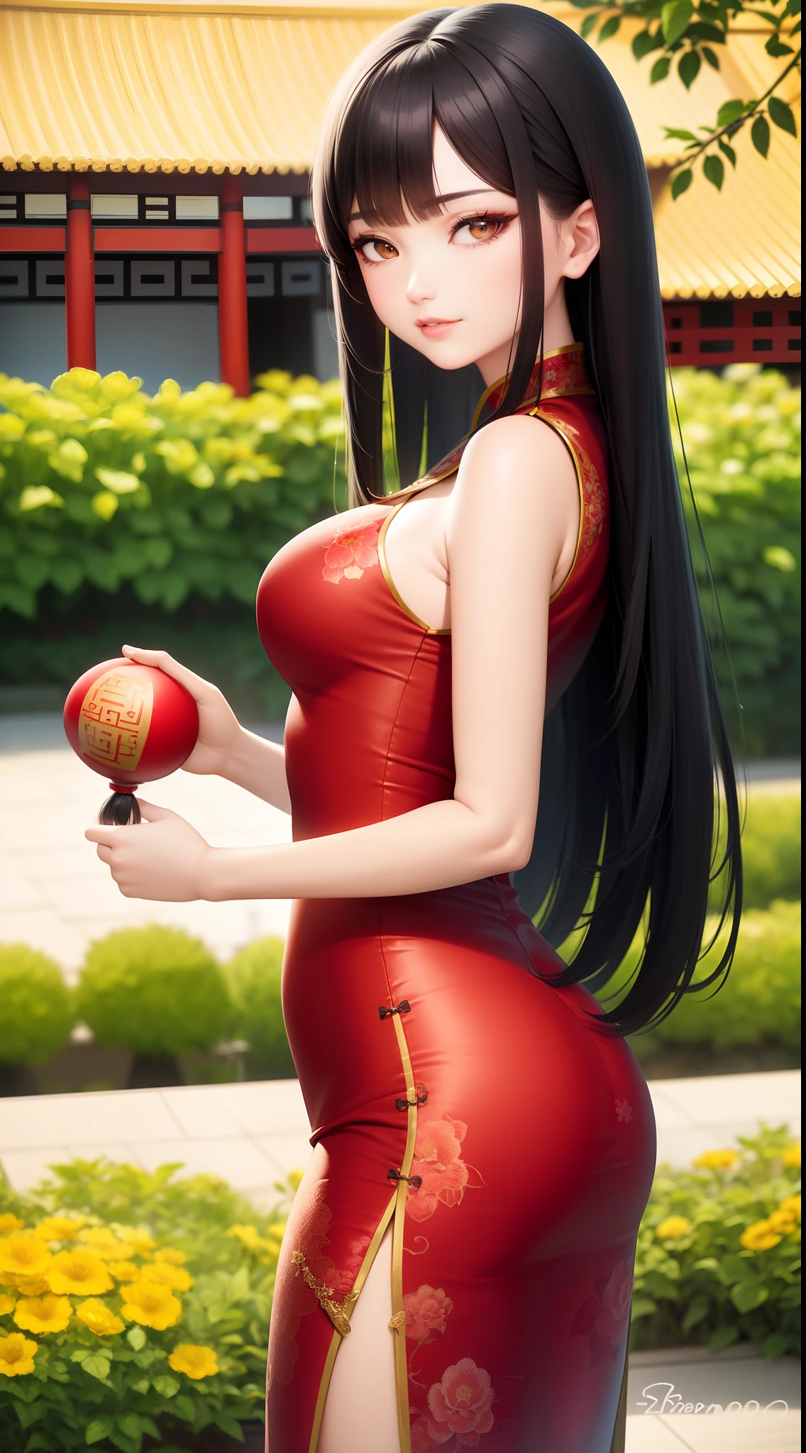 solo, 1 mature woman, long black hair, brown eyes, red cheongsam, 8k resolution, ultra-detailed, masterpiece, highest quality, (flower garden), (chinese backgriund), smile face
