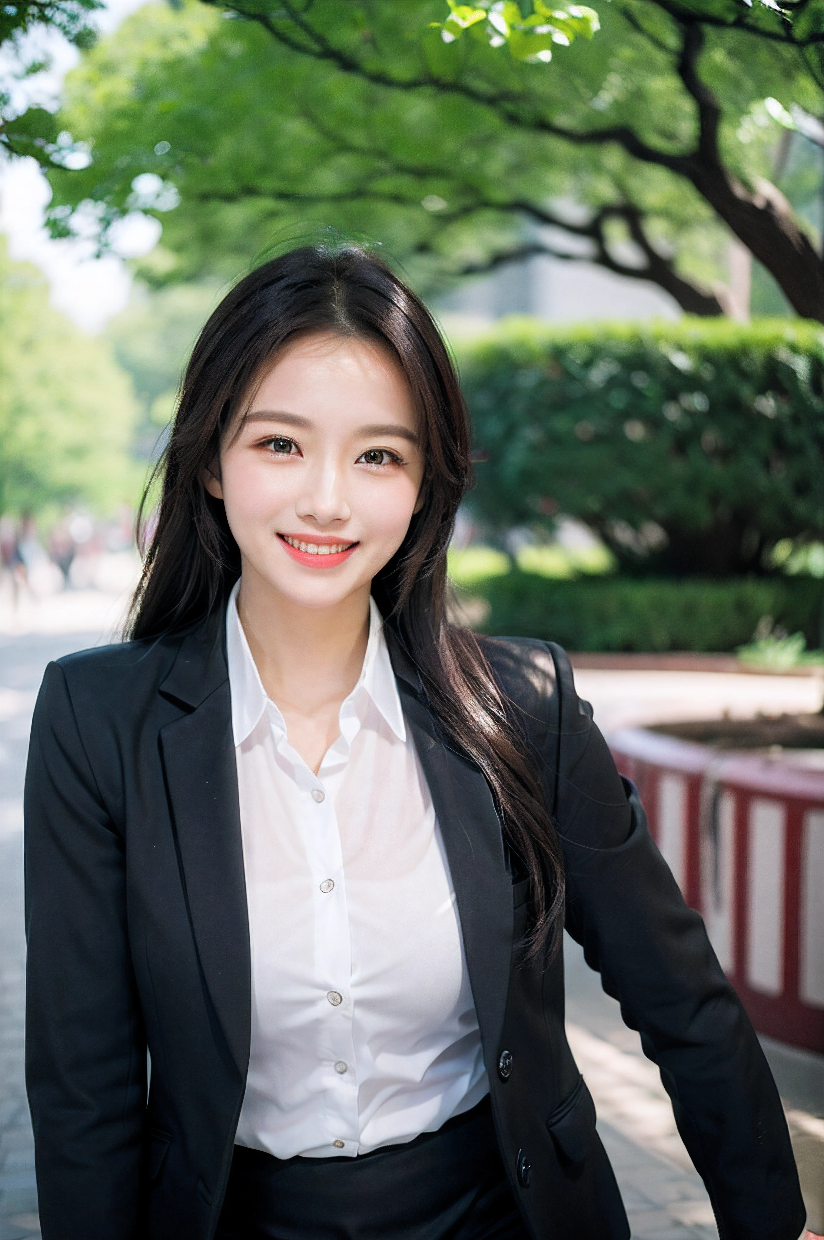 a park、face forcus、Beautiful woman,OL、Black jacket、White button shirt、tight skirts、a picture、A detailed face、Detailed lips、A detailed eye、a smile