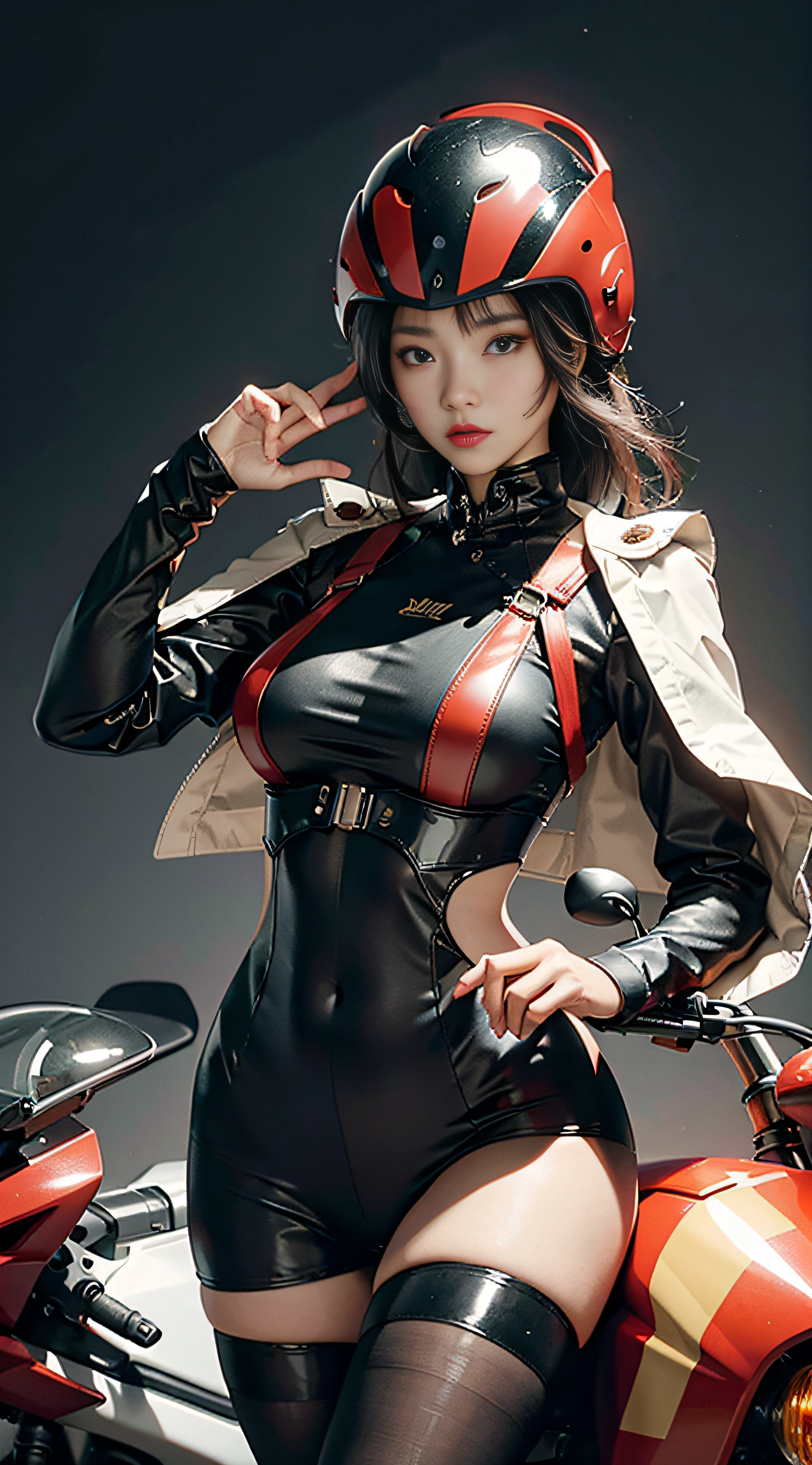 The highest image quality，Excellent detail，超高分辨率，（真实感：1.4），The best illustrations，Favor detail，Highly concentrated 1girl，exquisite and beautiful face，huge boob，The upper body is dressed in black and red tights，There is no opening in the chest，wearing a mech helmet，Hold the direction controller，riding a motorcycle，the background is a high-tech lighting scene of the city of the future。