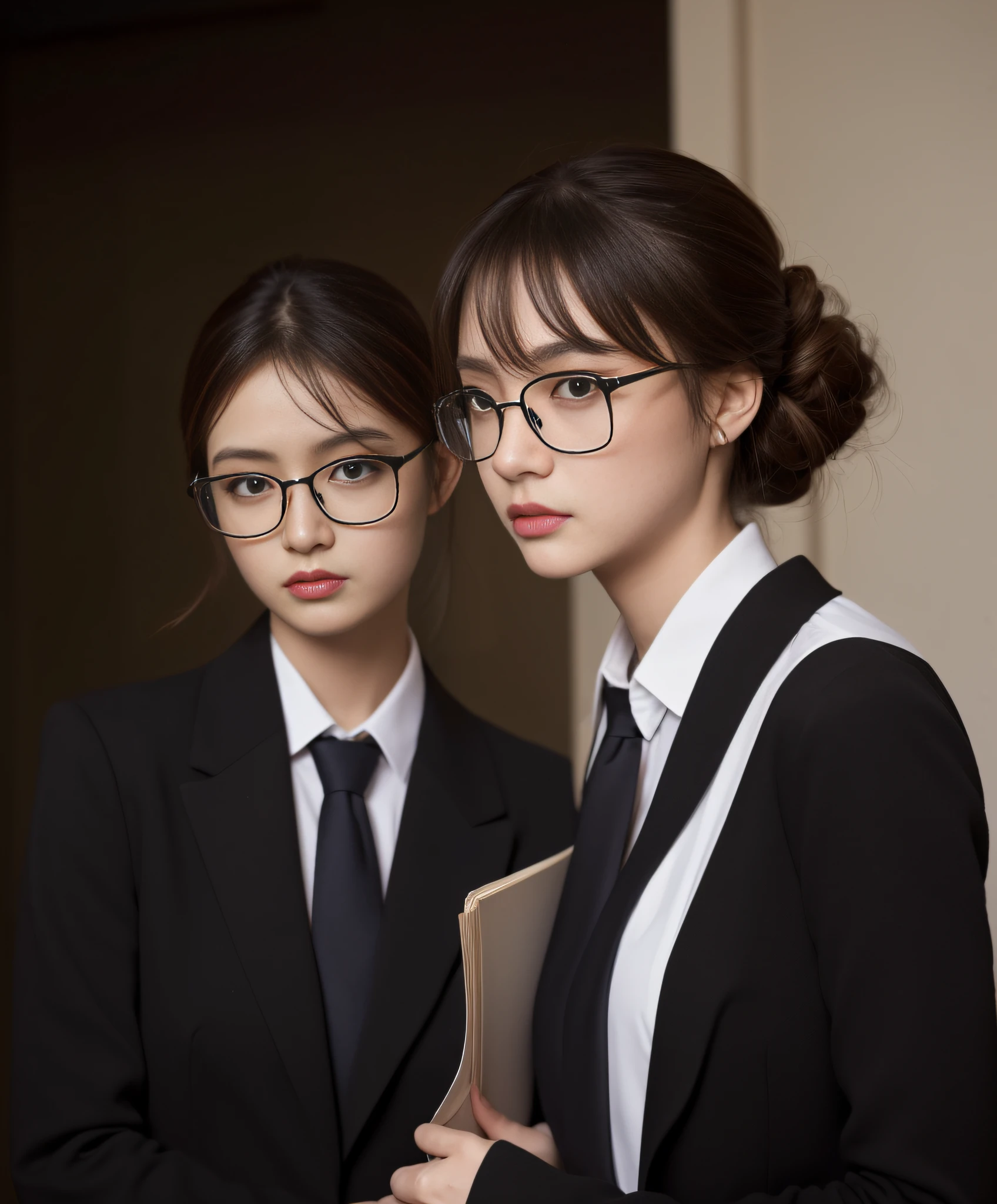 ((Day, Best quality, 8k, Masterpiece:1.3, Realistic)), Whole body, Long legs:1.2, Sharp Focus:1.2, A pretty woman with perfect figure, Slender abs, ((1 girl, Chignon dark brown hair, Medium breasts)), ((Black working suit, coat, Necktie, Black pencil pants, Glasses, Holding a book, Standing:1.2, Front office)), (Dynamicposes, Soft lighting, Looking at viewers, Side angle view, Fashionable), Single shot, Highly detailed face and skin texture, Detailed eyes, Double eyelid