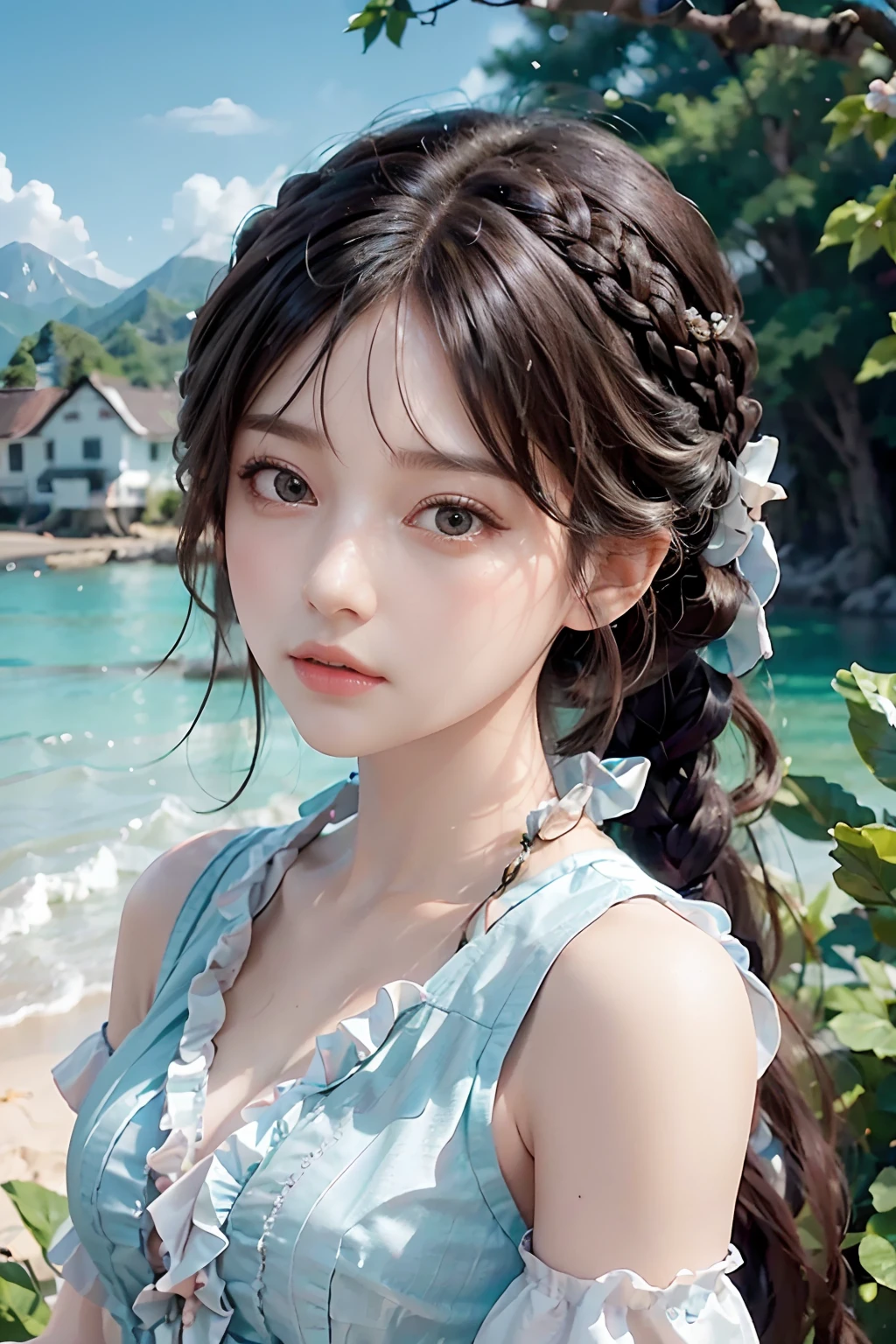 best quality, ultra hi res, photoreaslistic, a photography of a beautiful woman, 30yo teen age, detailed face, black Messy fishtail braid, (detailed porcelain doll,delicate clothes with a lot of frills and ribbons), Beach, (face close up), seductive look, looking at viewer