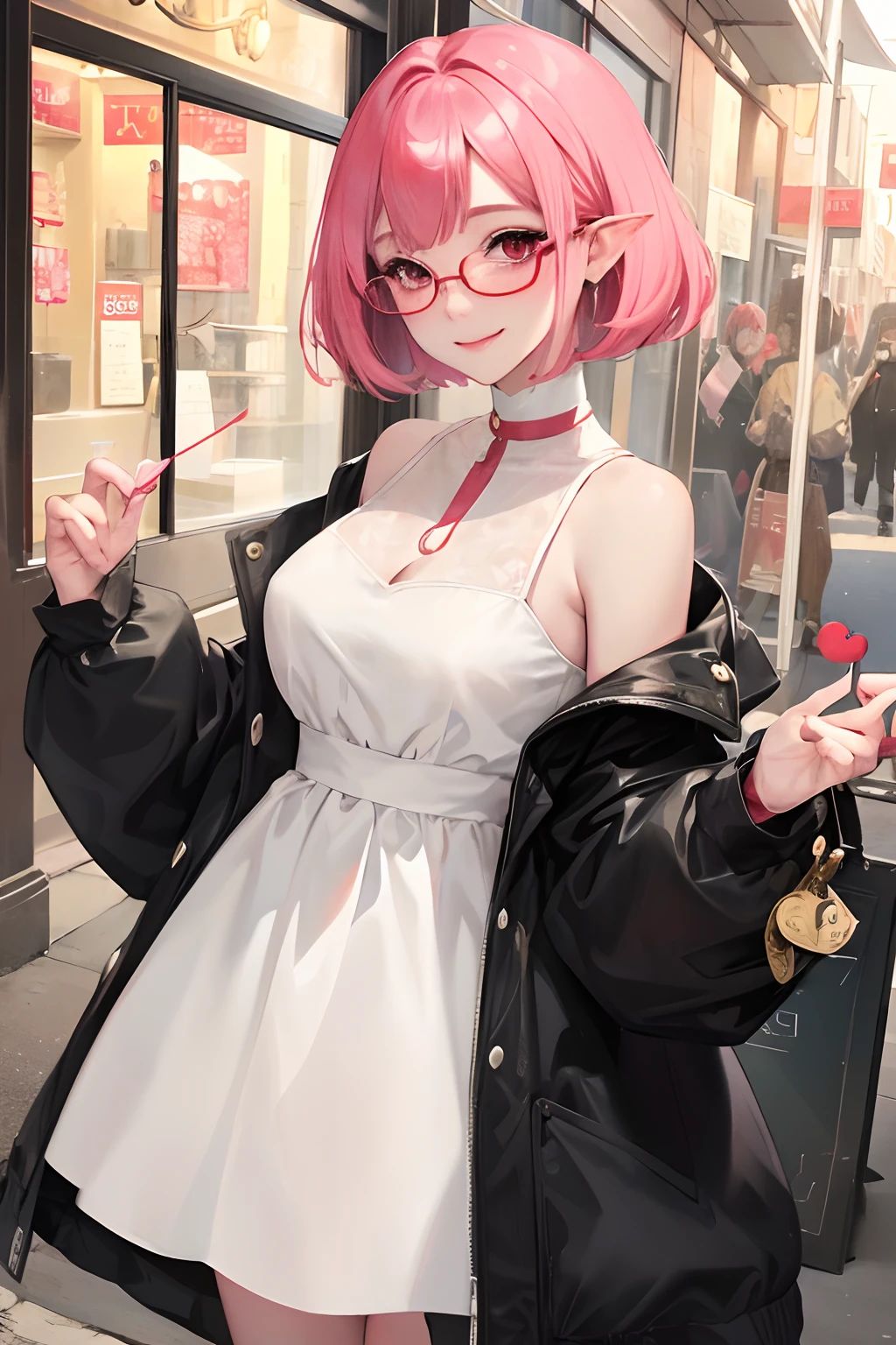 masterpiece、top-quality、Ultra Detail、beautiful lighting、1girl with、married woman、Red glasses(((Red glasses)))、Black Long Dress Sleeveless One Piece、little blush、A smile、(cute smile face:1、1)、(shiny lip:1.1)、(beautidful eyes:1.1)、Wonderful mouth closed hair、short-hair、bob cuts、Pink hair、Red glasses、Pink eyes、elf-ears、28age、Beautie、Beautiful woman、Well-formed face、well-styled、large full breasts、Smiling a little、masutepiece、Best Quality、High resolution、1girl in、Cowboy Shot、From Side、Looking at Viewer、city、Sunlight、Sunny、pale skin、Curve、Blunt bangs、lightsmile、Fingernails、Walking、Looking at Viewer、chee、In the street、Window Shopping