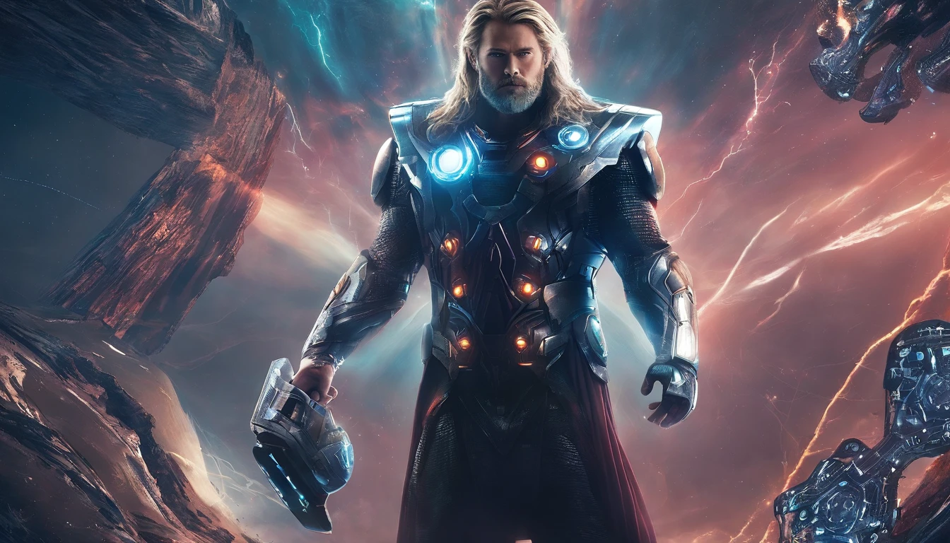 Thor with PoweredMjolnir futuristic background realistic face