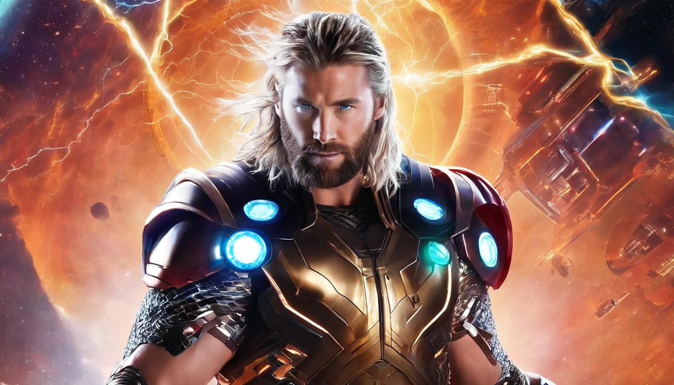 Thor with PoweredMjolnir futuristic background realistic face
