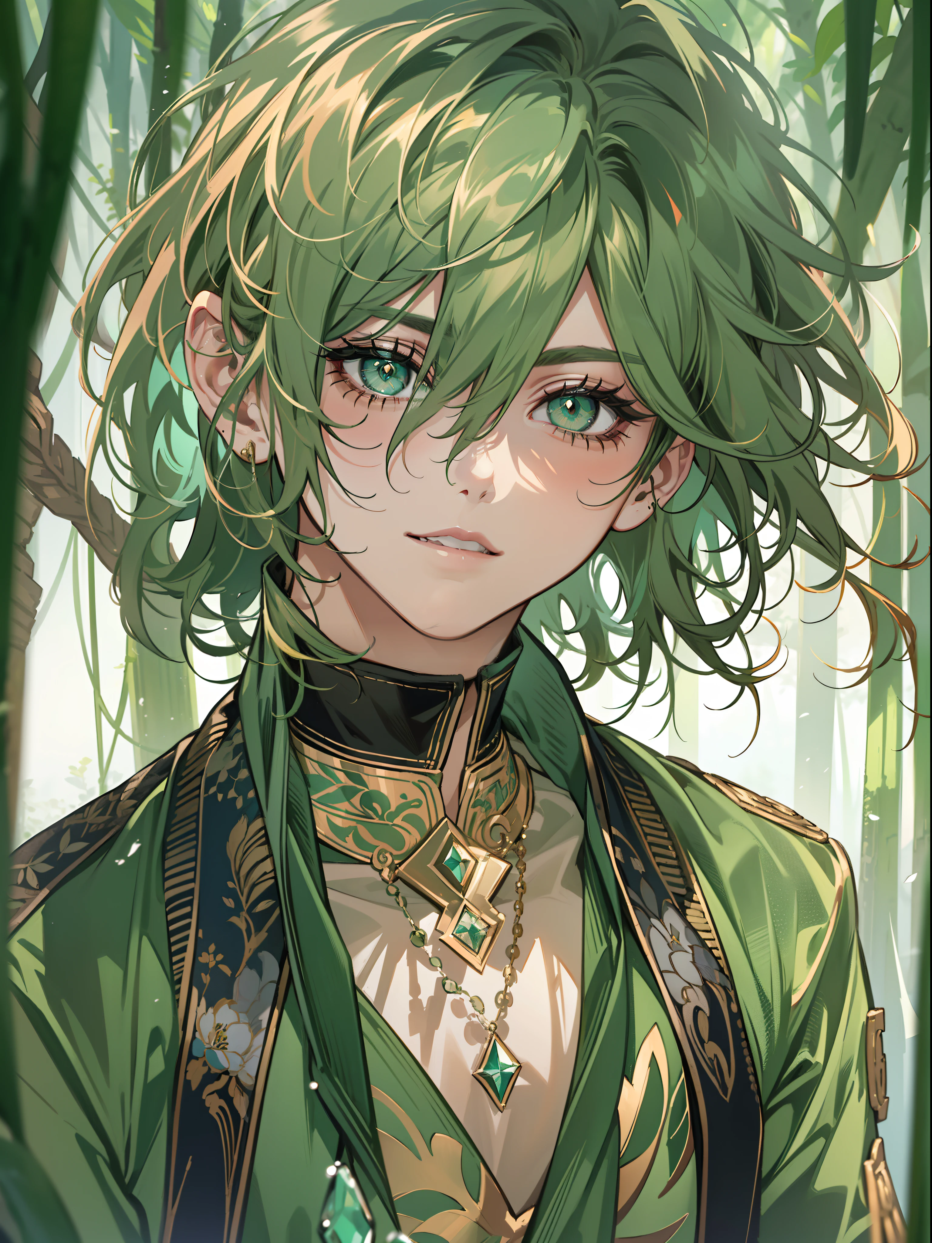 ((Highest quality, Masterpiece, 4K, finely detailed, Detailed eyes, Detailed face, )), ((Solo)), 1 male, (Handsome, Masculine, Adult male avatar), (A dark smile appeared, view the viewer), ((Lazy eyes, tired eyes, Half cap, eye bags, Black eyes and green pupils)), ((Green half sleeves)), ((Red hair like a fountain, Medium length hair, haircut, Messy hair)), (forest backgrou, )