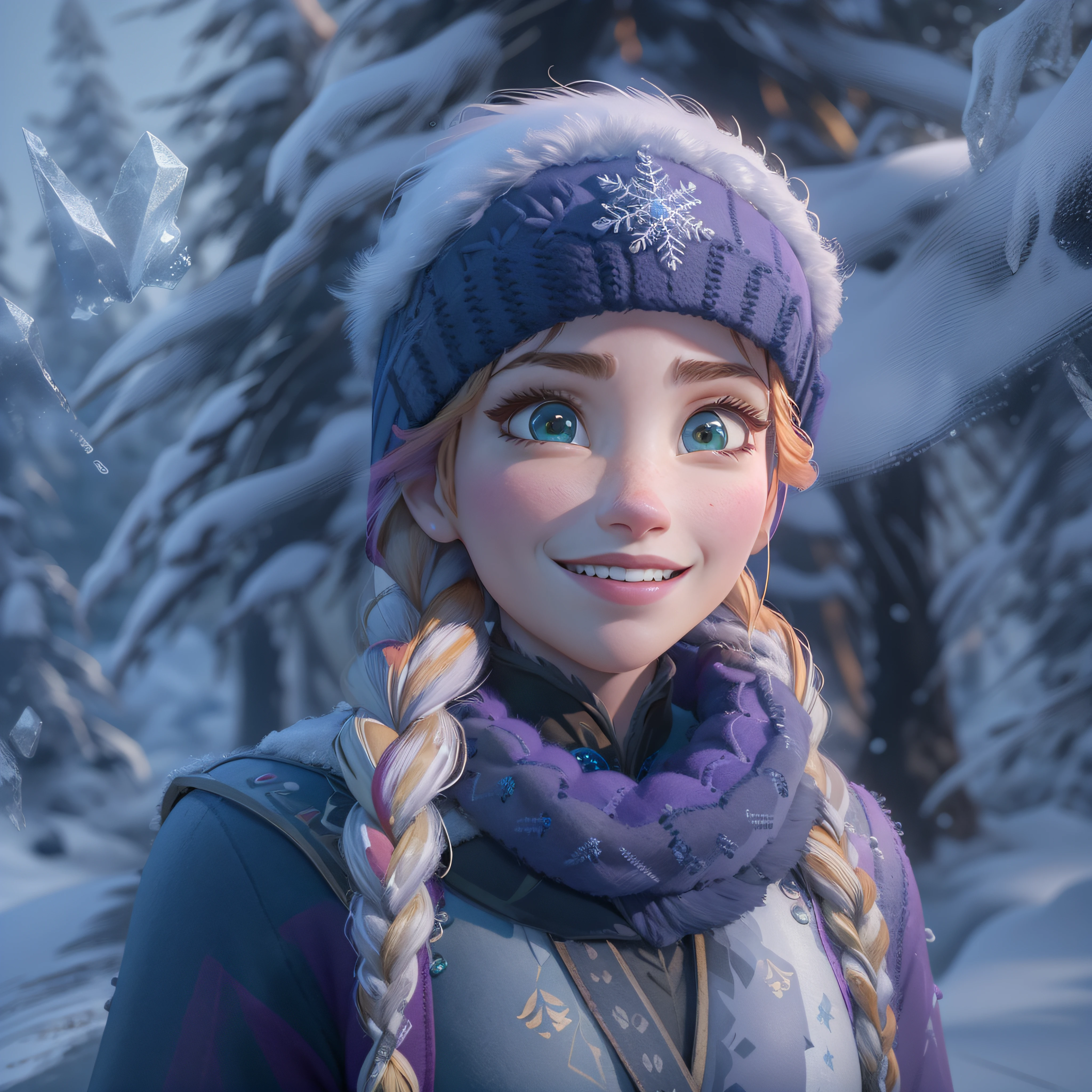 (masterpiece:1.4), (best qualit:1.4), (high resolution:1.4), 
anna of arendelle, purple cap, twin braids, winter mountain outfit,
outdoos, ice, winter, snow, forest,
looking at viewer, smile, photo-realistic, octane render, unreal engine, ultra-realistic