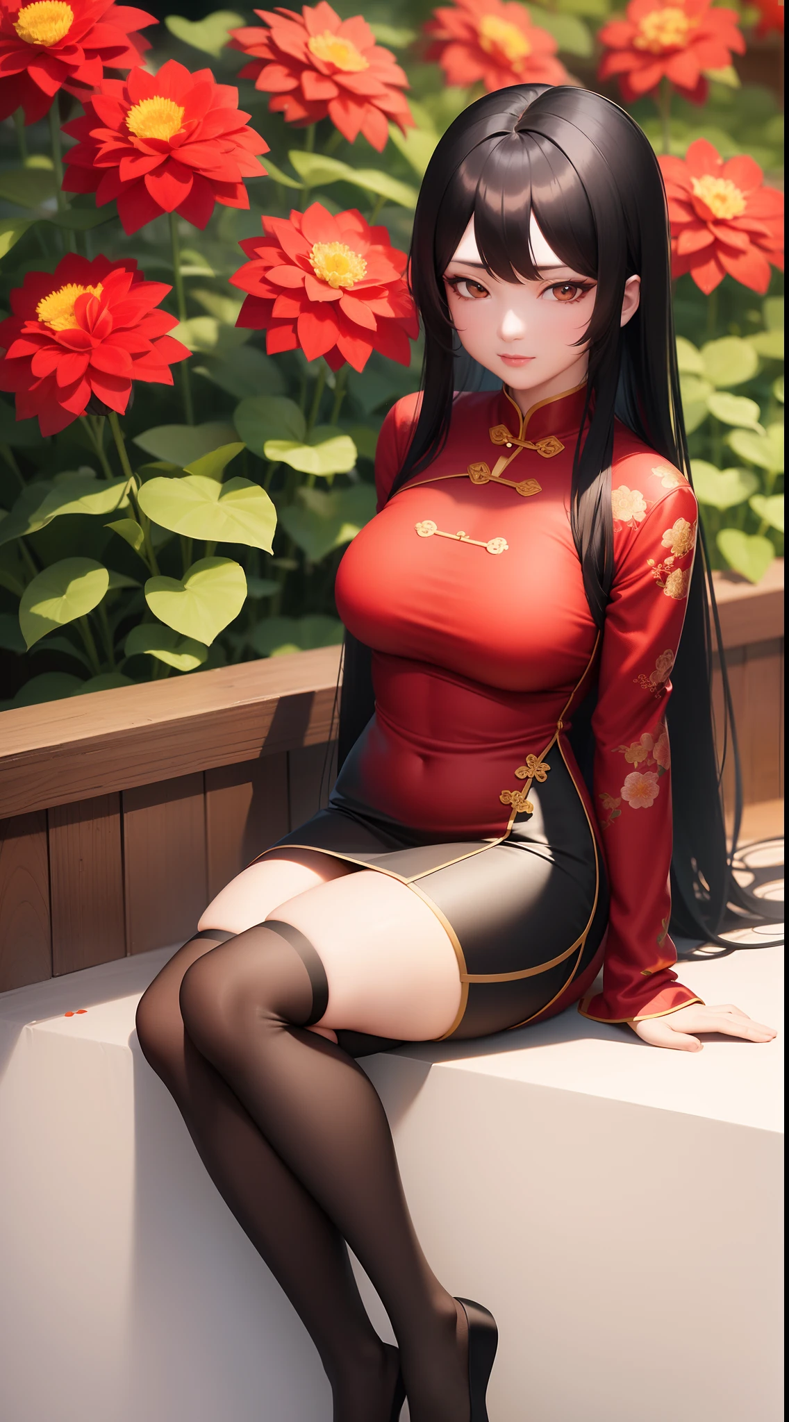 solo, 1 mature woman, long black hair, brown eyes, wearing red cheongsam, black stocking, 8k resolution, ultra-detailed, masterpiece, highest quality, (flower garden), (chinese building background),
