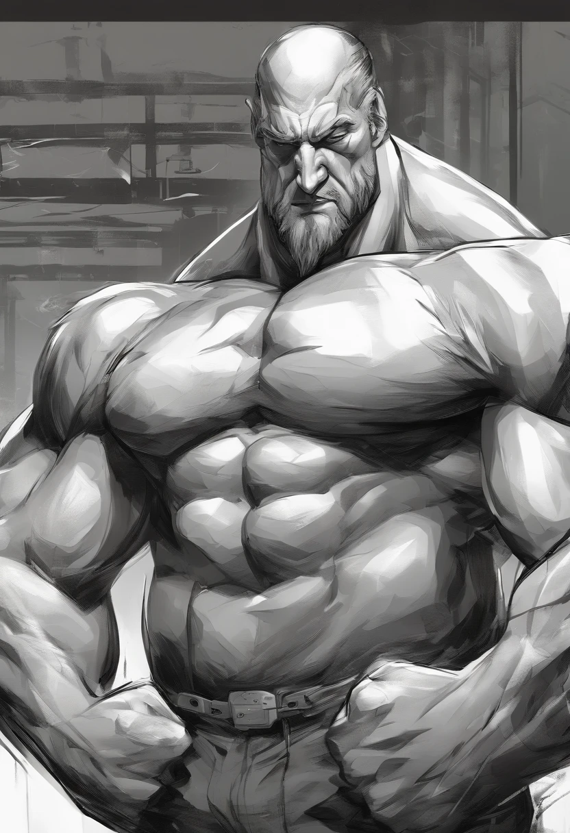 A burly, virile, and extremely hairy man who exudes an overwhelming sense of power and masculinity. His body is overmuscular and musclebound, with bulging veiny muscles that seem to strain against his skin. Broad shoulders and a wide chest adorn his massive frame, while his arms and legs are overly thick and defined, making him appear incredibly strong and imposing. His thick body gives him a hulking figure, with swelling muscles that seem to burst from every angle. The man sports a long, bushy beard and a thick mustache, adding to his rugged and masculine appearance. His grey hair only serves to further emphasize his age and experience, yet it does nothing to diminish his intimidating presence. His square-jawed face is set in a stoic expression, conveying determination and strength of character. Dressed only in a loincloth that struggles to contain his massive physique, this virile, hairy man stands tall and proud, exuding an aura of raw masculinity and unbridled power.