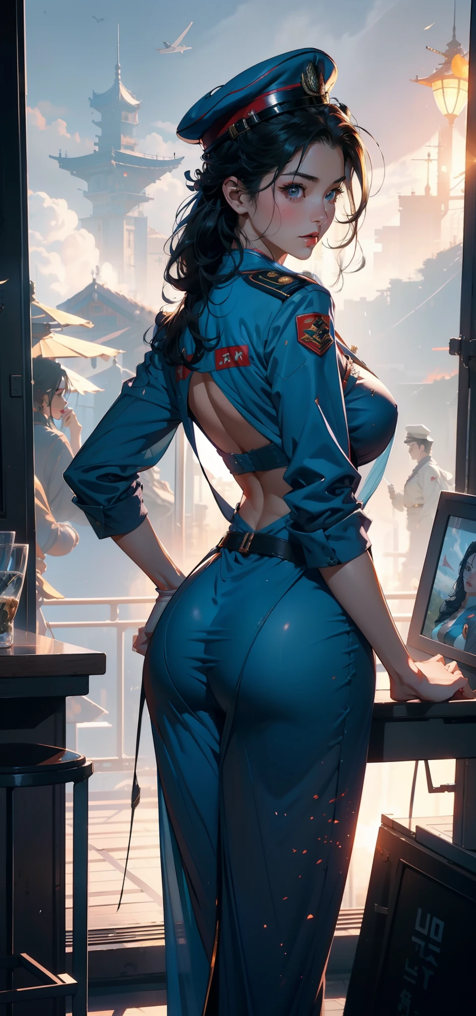 1female,41 years old,熟妇,A MILF,mature,plumw,extremely large bosom ,Pornographic exposure, 独奏,(Background with:aerodrome,Planes,the rainforest,in summer) She has short black hair,bobo head,Workstations within the aircraft,standing on your feet,seen from the front, hair straight, mostly cloudy sky,(((tmasterpiece),(Very detailed CG unity 8K wallpaper),best qualtiy,cinmatic lighting,detailed back ground,beatiful detailed eyes,Bright pupils,(Very fine and beautiful),(Beautiful and detailed eye description),ultra - detailed,tmasterpiece,)),facing at camera,A high resolution,ultra - detailed),revealing breasts,Bare genitalia, Bulge,legs are open,Raised sexy,Camel toes,Flushed complexion,Open-mouthed,frontage,Soviet Air Force,Aviator,Officer's cap,(Wearing:Baseball jacket,black lace cleavage underwear)The upper part of the body