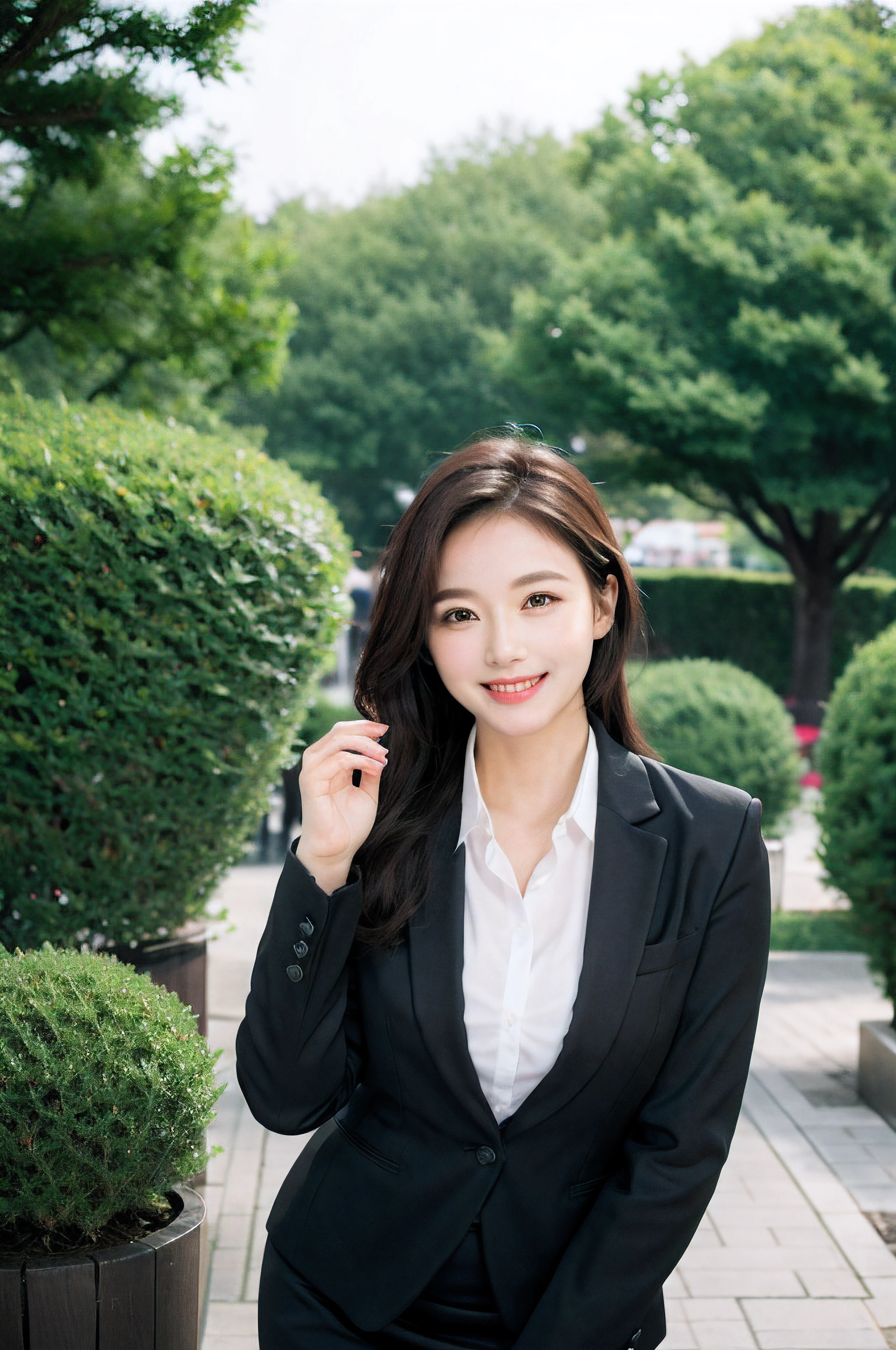 a park、face forcus、Beautiful woman　、　business sui、Black jacket、White button shirt、tight skirts、a picture、A detailed face、Detailed lips、A detailed eye、a smile