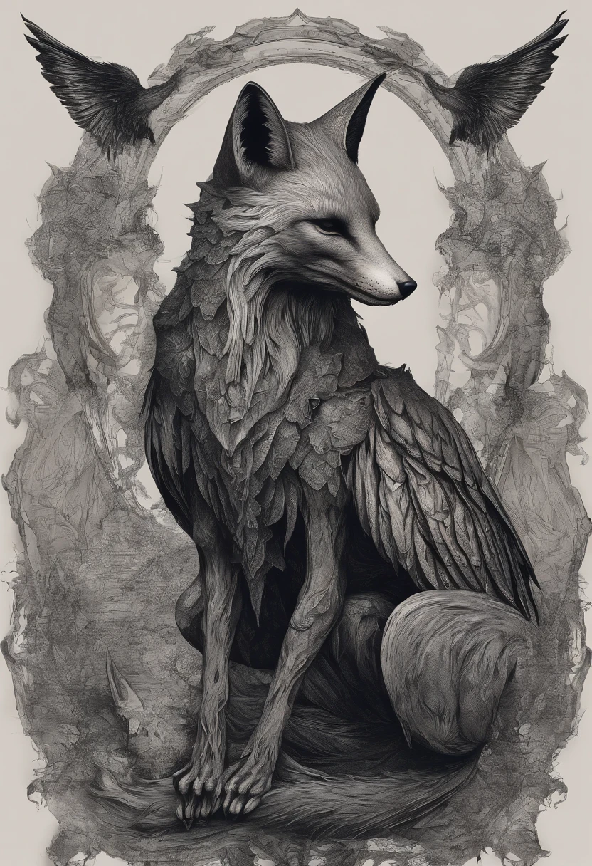 The head of the fox，The body and wings of the bird，Human hands，are combined，detail-rich，High-quality ultra-detailed graphics，in a panoramic view，Full body like