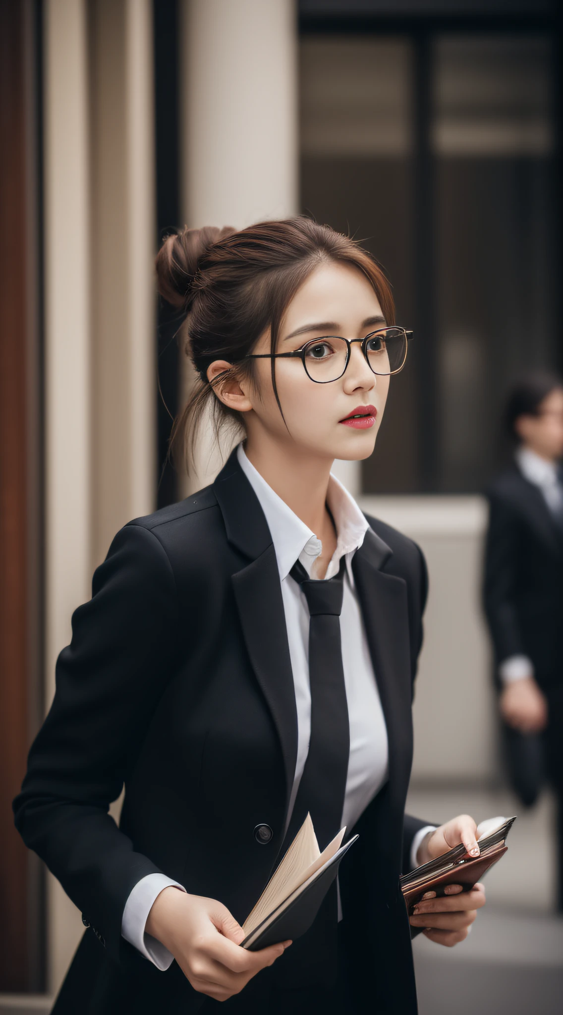 ((Day, Best quality, 8k, Masterpiece:1.3, Realistic)), Whole body, Long legs:1.2, Sharp Focus:1.2, A pretty woman with perfect figure, Slender abs, ((1 girl, Bun dark brown hair, Medium breasts)), ((Black working suit, coat, Black necktie, Black pencil pants, Glasses, Holding a book, Standing:1.2, Street)), (Dynamicposes, Soft lighting, Looking at viewers, Bottom angle view, Fashionable), Single shot, Highly detailed face and skin texture, Detailed eyes, Double eyelid