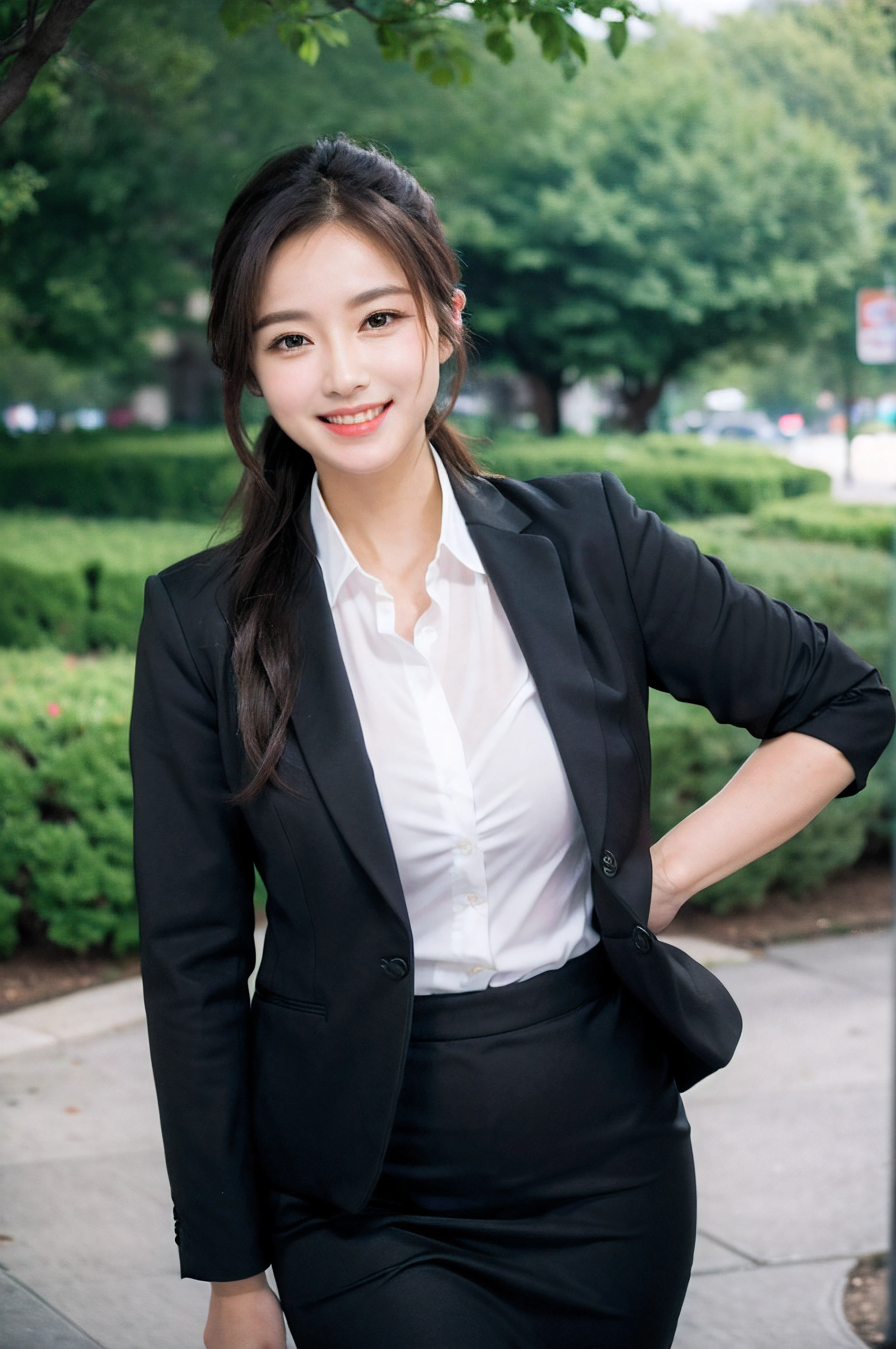 a park、face forcus、Beautiful woman　、　business sui、Black jacket、White button shirt、tight skirts、a picture、A detailed face、Detailed lips、A detailed eye、a smile