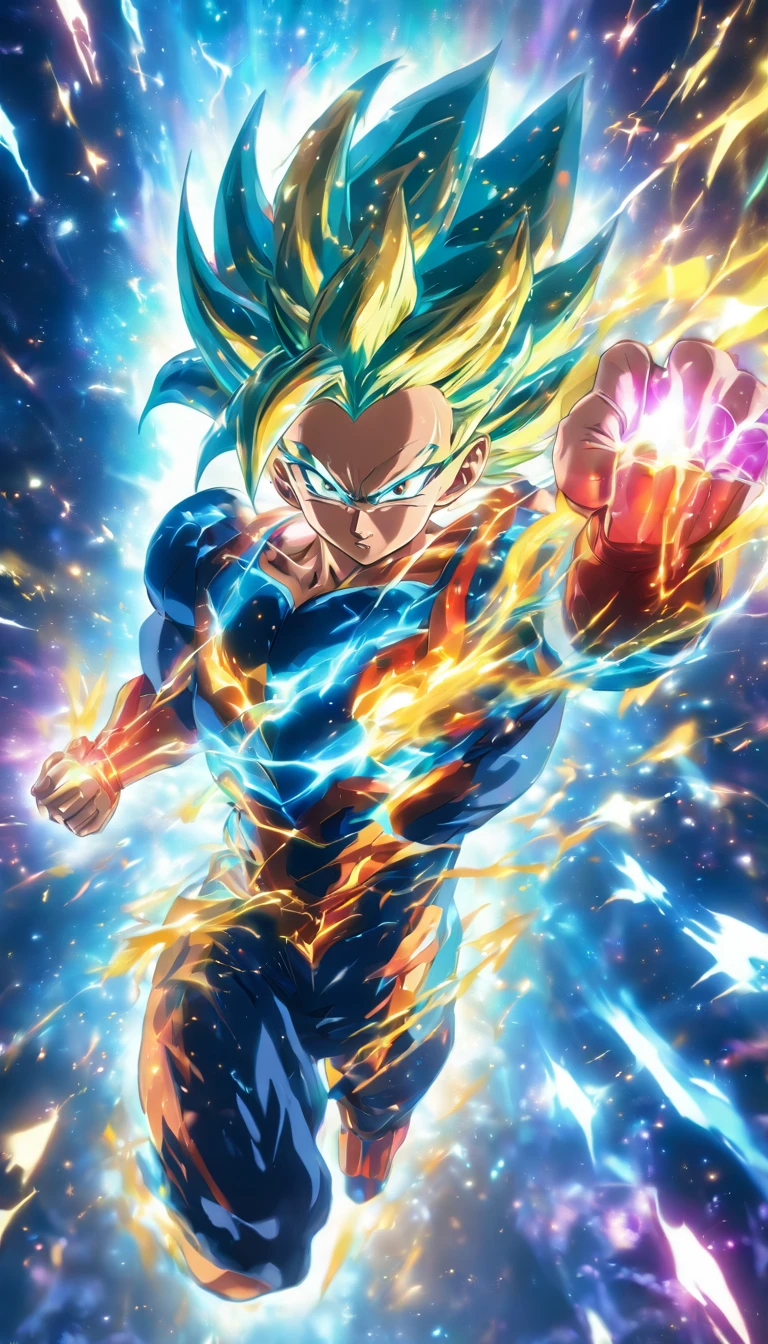 Figure of universe energy sprinting under a starry sky, leaving explosive trails of vibrant light streaking behind in a night scene with a starlit background. Symbolism of boundless energy and limitless potential. energetic motion and dynamic composition, dreamlike atmosphere with dazzling effects, glowing streaks of light. intense emotions and the sensation of a mad dash, dramatic contrast between the dark sky and the vivid light trails. cinematic, epic shot.