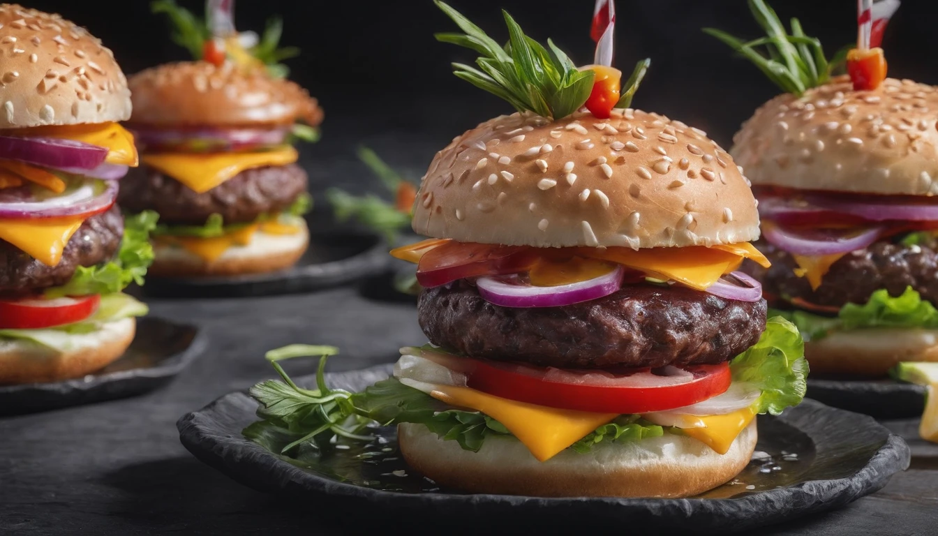 Fresh burgers，Drop into water，Make a splash，with black background，Soft shadows，Some embellishments，commerciaphotography，advertisement photography，Shot with a Leica camera，Professional color，Photoreality，iOS3000，sharp and clear focus，High-end synthesis，8k