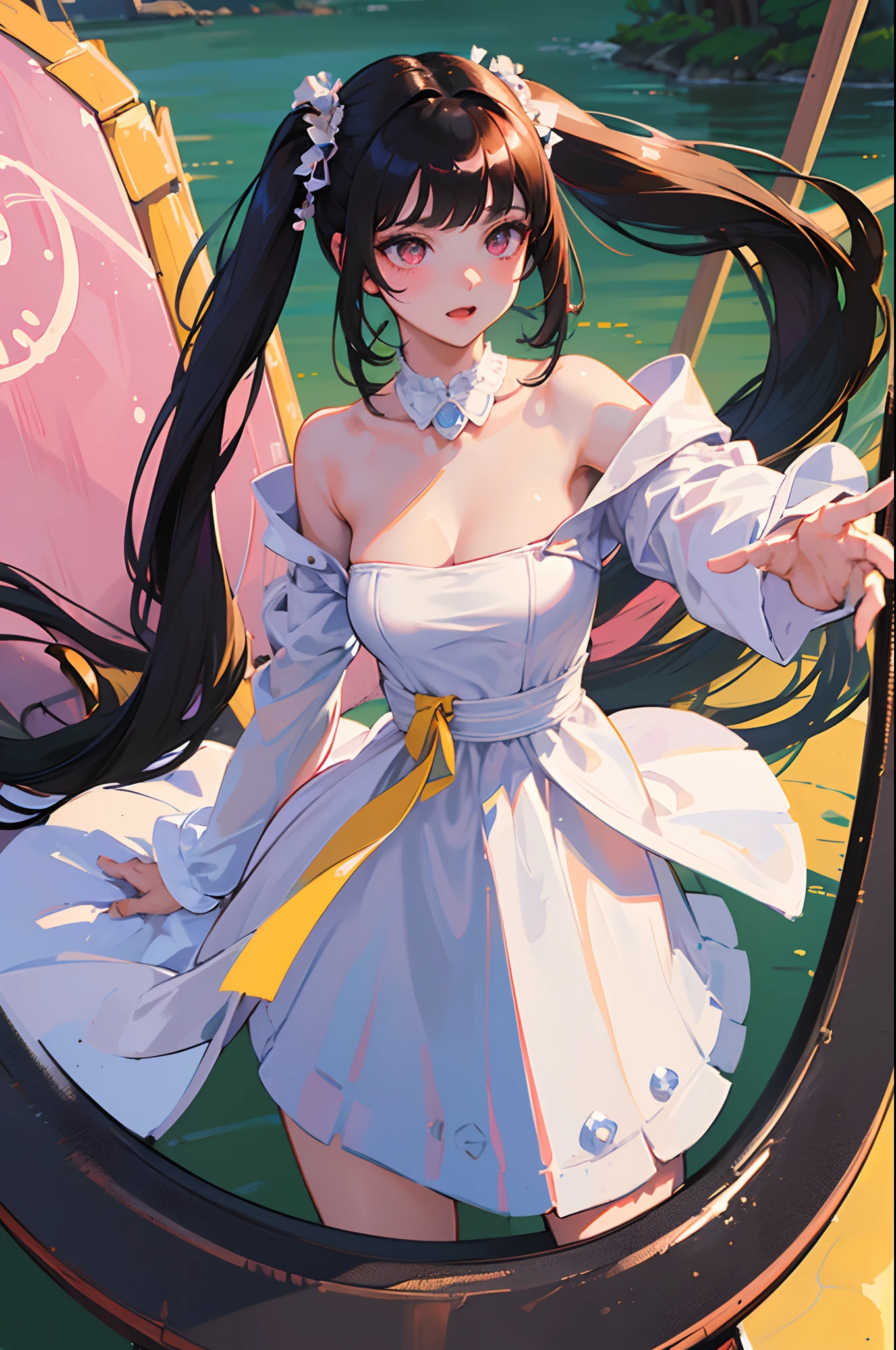 ((masterpiece, best quality)), (1girl), (solo), (female focus), (hime hair, black hair, twintail, straight bangs),pink eyes,((white dress)), portraits, close up, upper body, spring season background