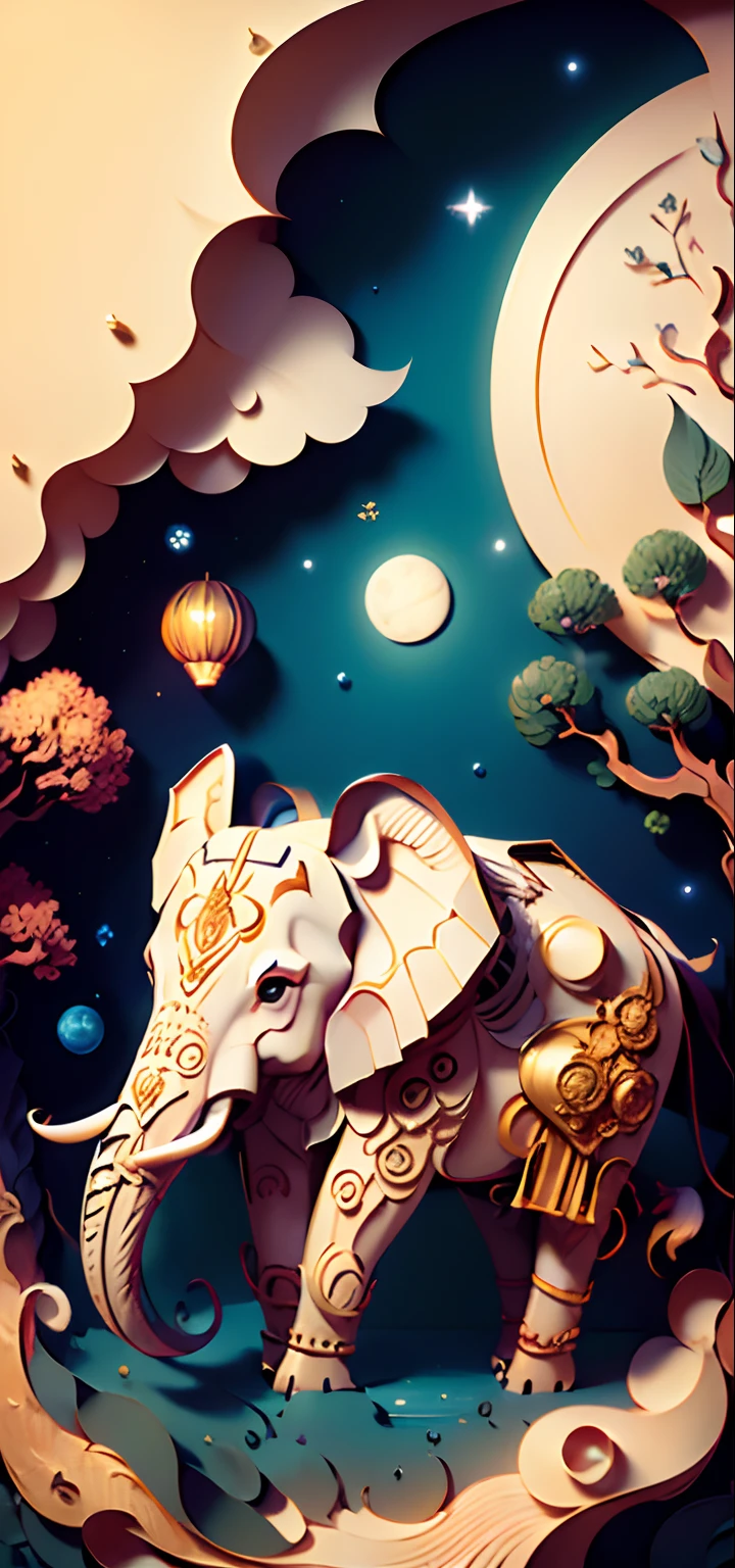 (((Masterpiece))),Best quality,illustration,beautiful,Detailed,shine,paper_cut,elephant,tree, big moon, origami