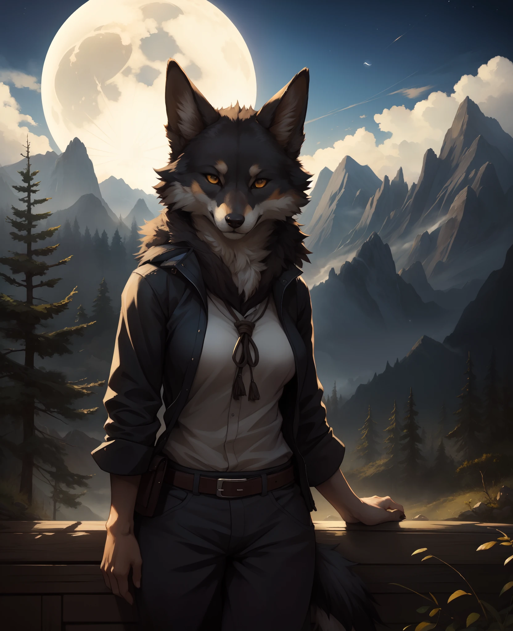 by kenket, by totesfleisch8, (by thebigslick, by silverfox5213:0.8), (by syuro:0.2),, honovy, hioshiru, foxovh, a beautiful and detailed (portrait) of ((malo)), black body, skull head, tail, ((canine, )), standing, mountains, clouds, trees ,female subject, solo, looking at viewer, dark, night, moon,, (uploaded on e621,8k, RAW photo, high resolution,high quality), ((masterpiece)), female, (wear shirt and bottomless), (front view), (cinematic lighting), backlighting, (shaded), detailed background, by dagasi, (by personalami), [by Ruan Jia], photorealistic, hyperrealistic,
