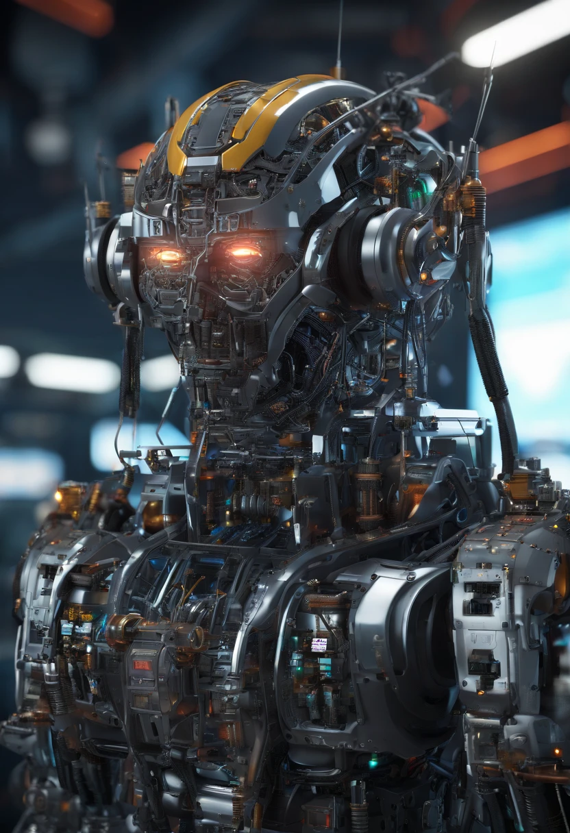 A robot  and a human baby, masterpiece,extreme detailed,top quality, (Giant male mecha in assembly:1.2),(cockpit:1.2),(cute face:1.2),dead place,Assembly platform,scaling ladder,huge Power core,many Pipelines,many Wires,Interface,Machinery,ultra wide shot,realistic , science fiction, front view, Sense of technology, C4D, Oc renderer, unreal engine, high detail, industrial design, 8k HD, studio light, retro